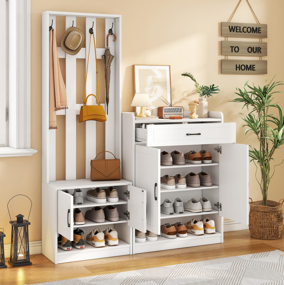 DIELENGARDEROBE 140/32/180 cm mit 4 Haken, Schuhschrank und Sitzbank in Weiß - Weiß, Holzwerkstoff (140.6/180/30.5cm) - BEAOK