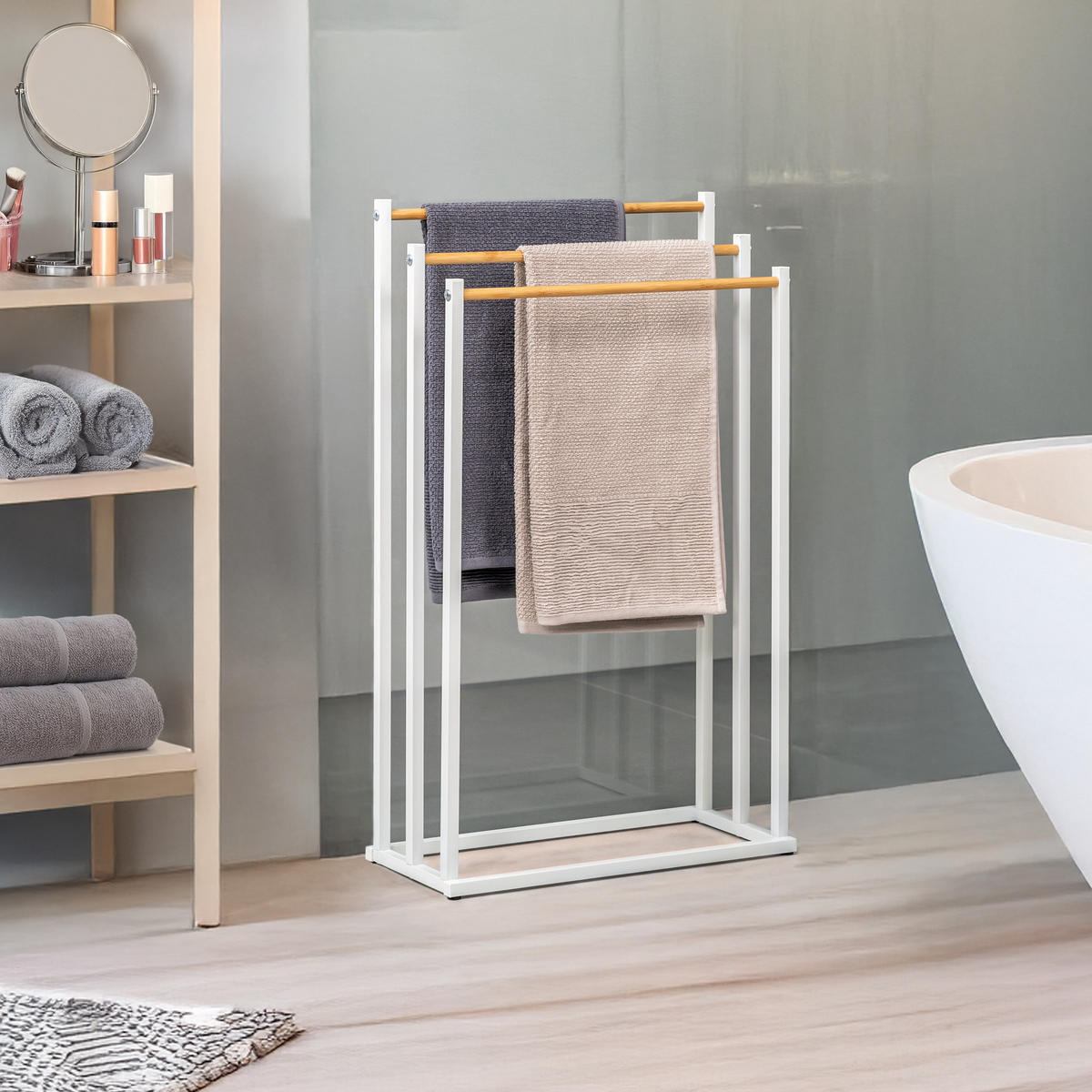 STAND-HANDTUCHHALTER, Bambus/Metall weiß - Weiß, Metall (45.5/76.5/22cm) - eluno