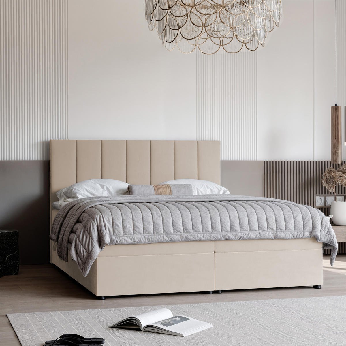 BOXBETT ZELTO 200/200 cm, mit Matratze und Topper, Hellbeige - Sandfarben, Holzwerkstoff/Textil (200/200cm) - Idohome