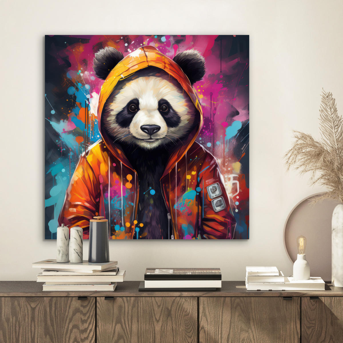 METALLBILD Panda - Jacke - Graffiti - Orange 50x50 cm - Orange, Metall (50/50cm) - MuchoWow