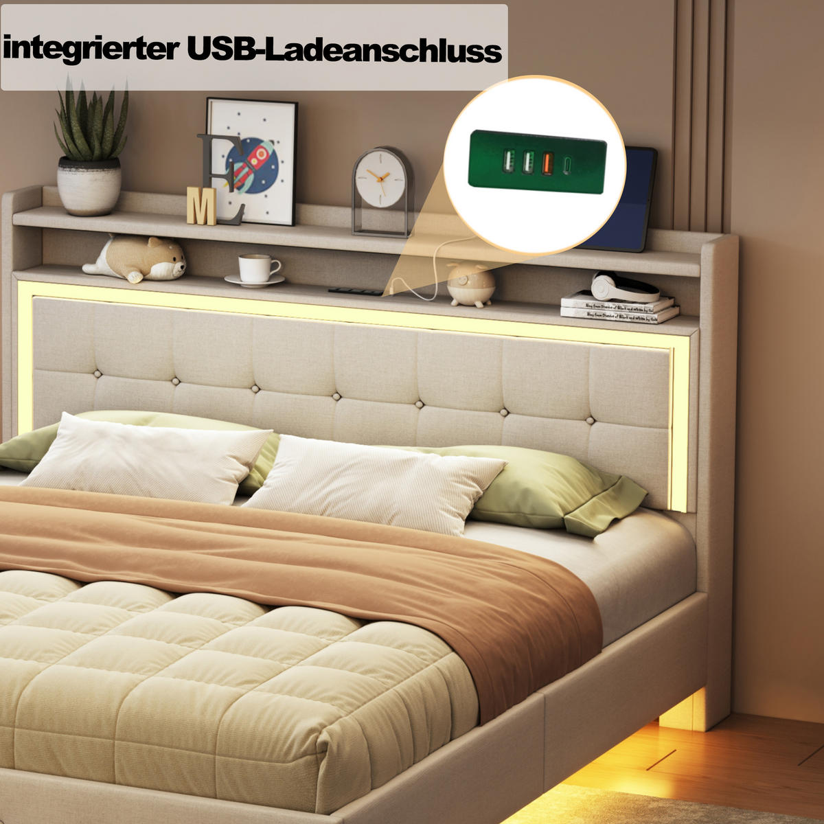 POLSTERBETT 140x200 Leinen USB LED Doppelbett Beige - Beige, Holzwerkstoff - FLIEKS