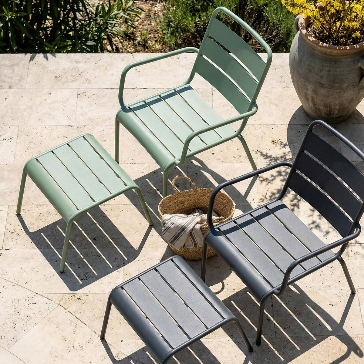 RELAXSESSEL MIT HOCKER 2-tlg., Grau/Salbeigrünen - Grün, Metall (64/72/60cm) - Oviala