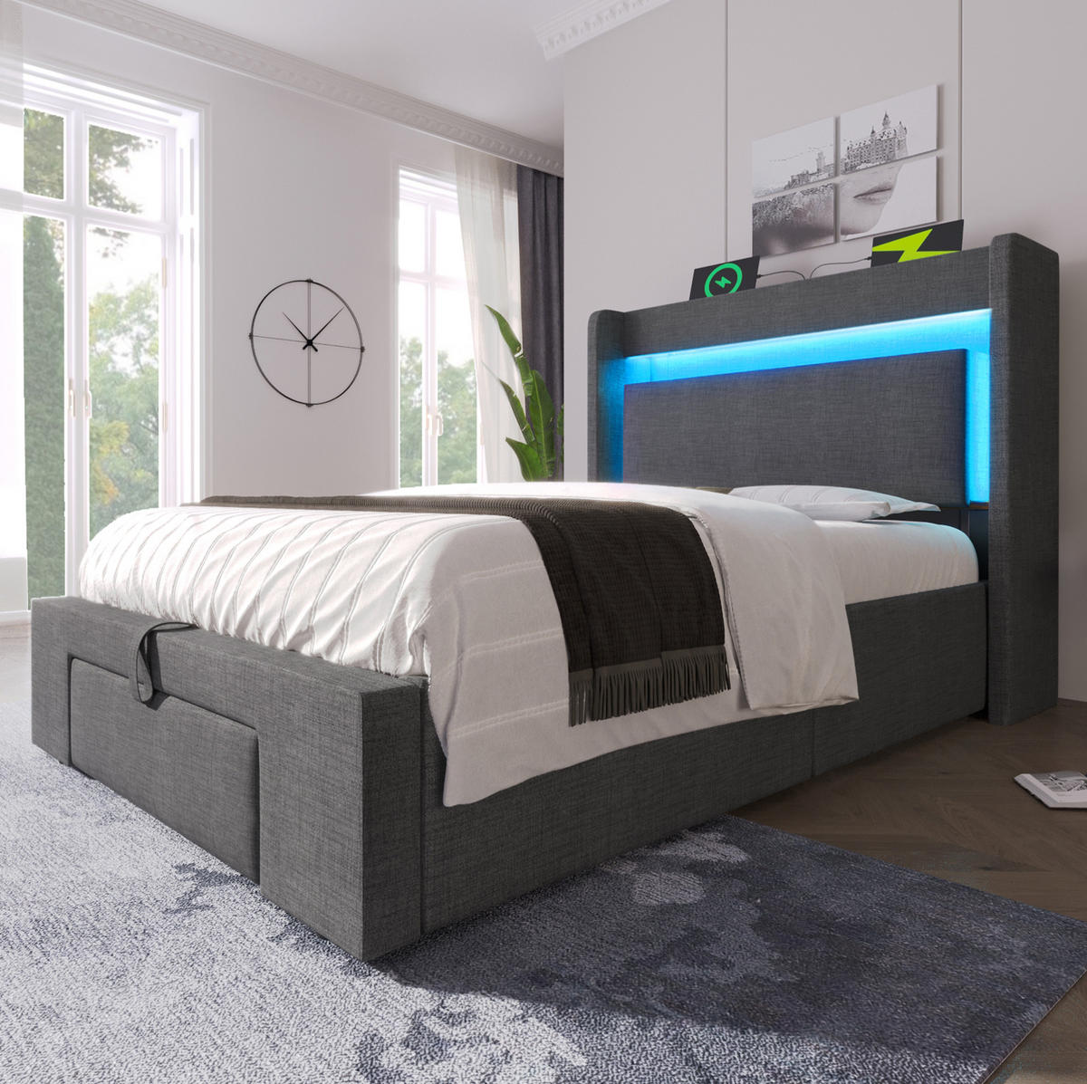 POLSTERBETT 90/200 cm Grau aus Leinen mit Matratze - Grau, Textil (90/200cm) - OKMYHOME