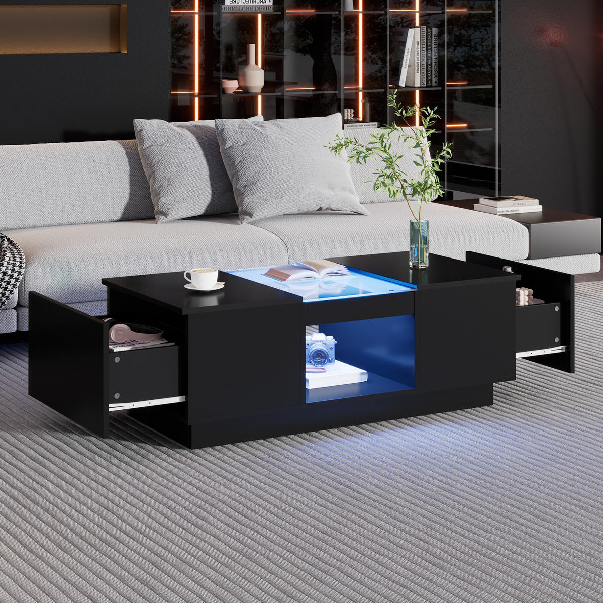 COUCHTISCH aus Spanplatte 100x50x35,5 cm Schwarz mit Glaseinsätzen, LED-Beleuchtung und 2 Schubladen - Schwarz, Holzwerkstoff (100/50/35.5cm) - IVMEU
