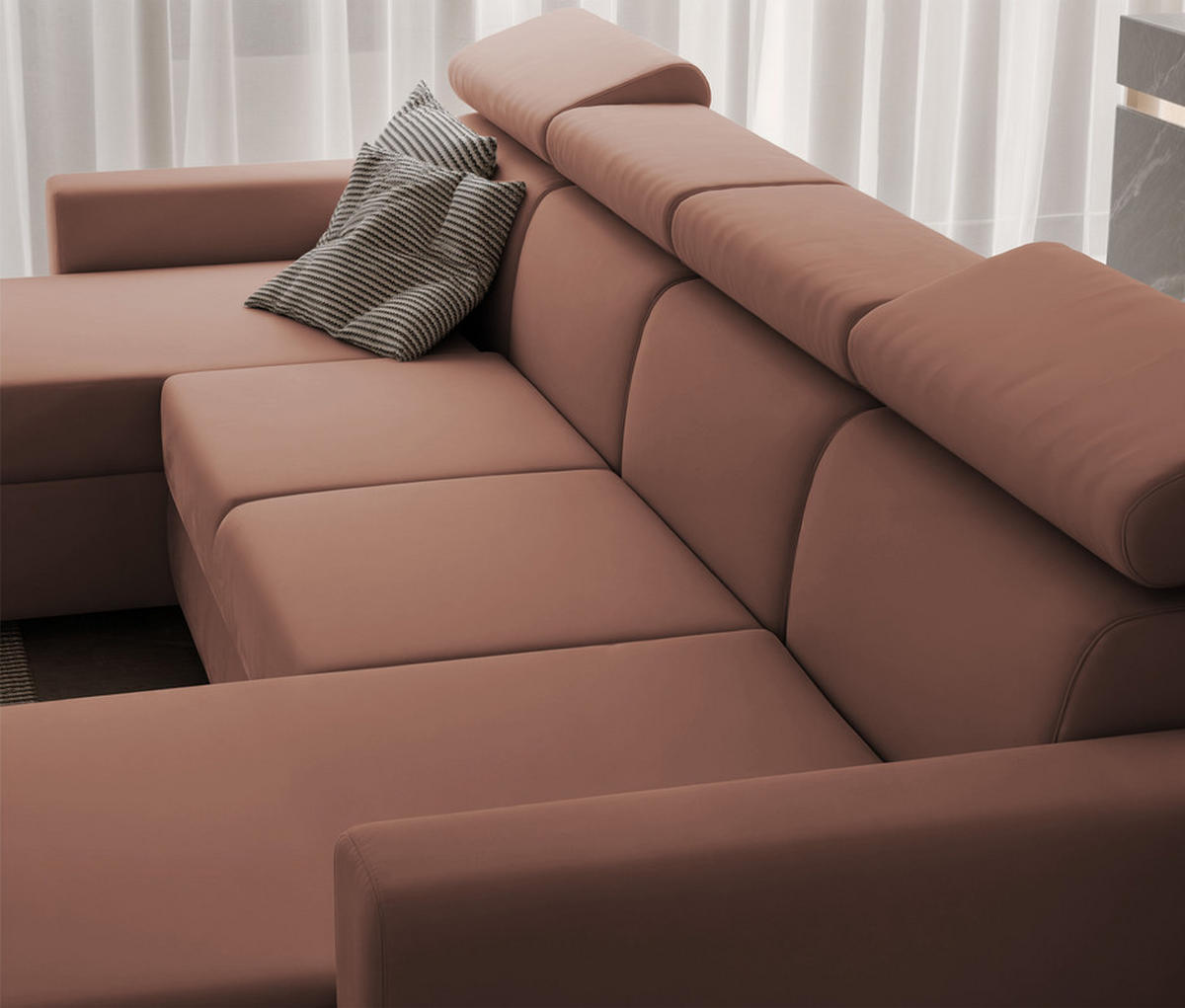 WOHNLANDSCHAFT BENI U II mit verstellbaren Kopfstützen und Schlaffunktion, Farbe: edles Rosa - Koralle/Schwarz, Kunststoff/Textil (302/60/166cm) - Idohome