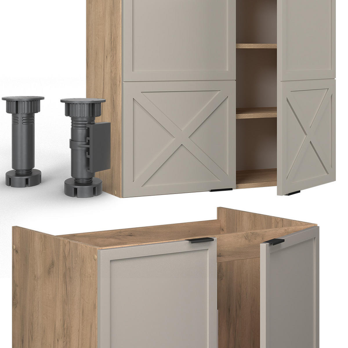 KÜCHENZEILE Fame-Line GrauBeige/Goldkraft Eiche 200 cm, AP Marmor - Honigeiche/Grau, Holzwerkstoff (200/81.6/60cm) - Vicco