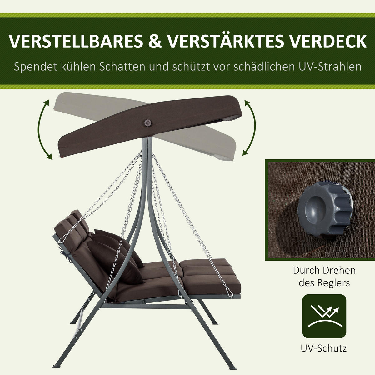 HOLLYWOODSCHAUKEL, mit Sonnendach, Metall, Texteline, Braun, 198 x 118 x 168 cm - Braun, Metall (118/168/198cm) - Outsunny