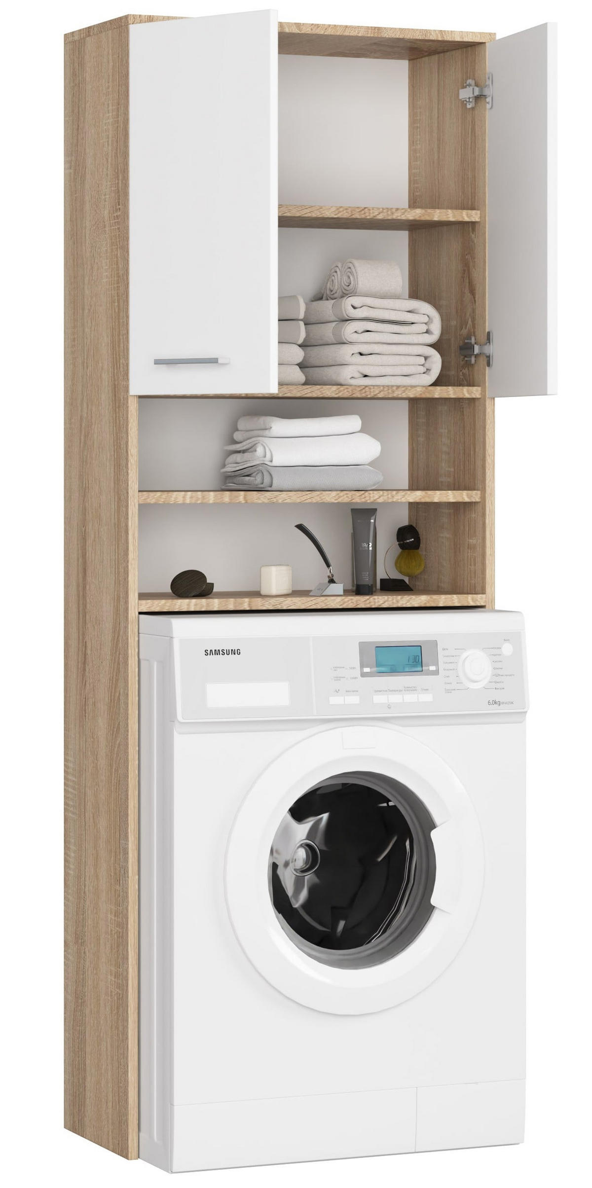 WASCHMASCHINENUMBAUSCHRANK mit zwei Türen, 64 × 30 × 190 cm Sonoma Eiche, Weiß - Weiß/Sonoma Eiche, Holzwerkstoff (64/180/30cm) - RAUMHIRSCH FURNITURE