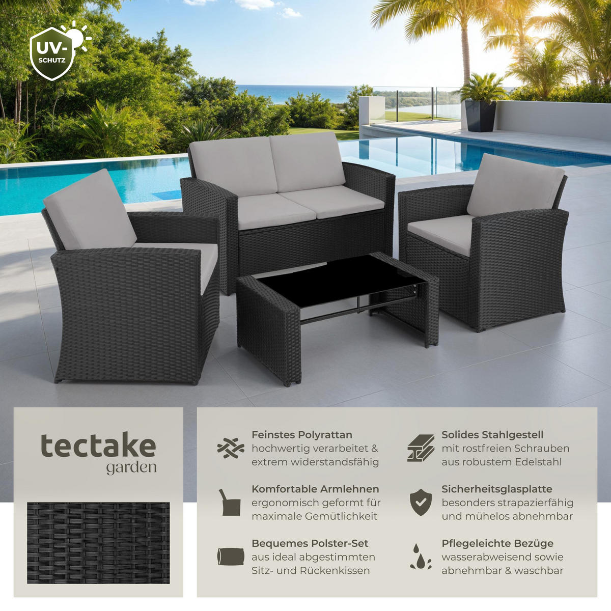 RATTANLOUNGE Jesolo,mit Sicherheitsglasplatte,schwarz/grau - Schwarz/Grau, Kunststoff - tectake