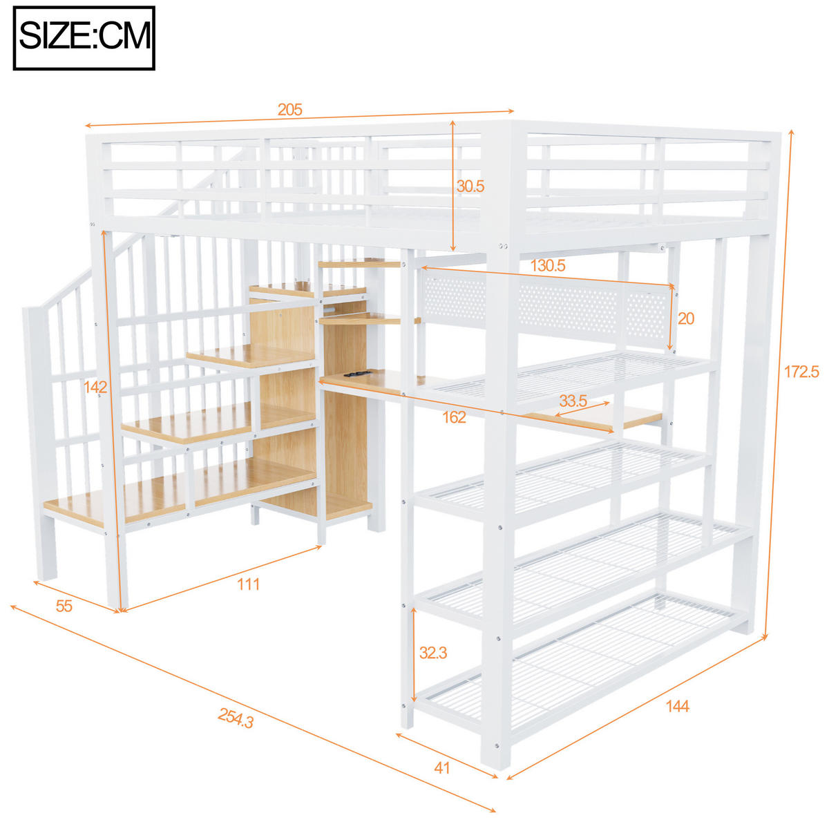 HOCHBETT 140/200 cm aus Metall und Holz mit Staumtreppe LED-Beleuchtung und Schreibtisch Weiß - Weiß, Metall (140/200cm) - Modenvie