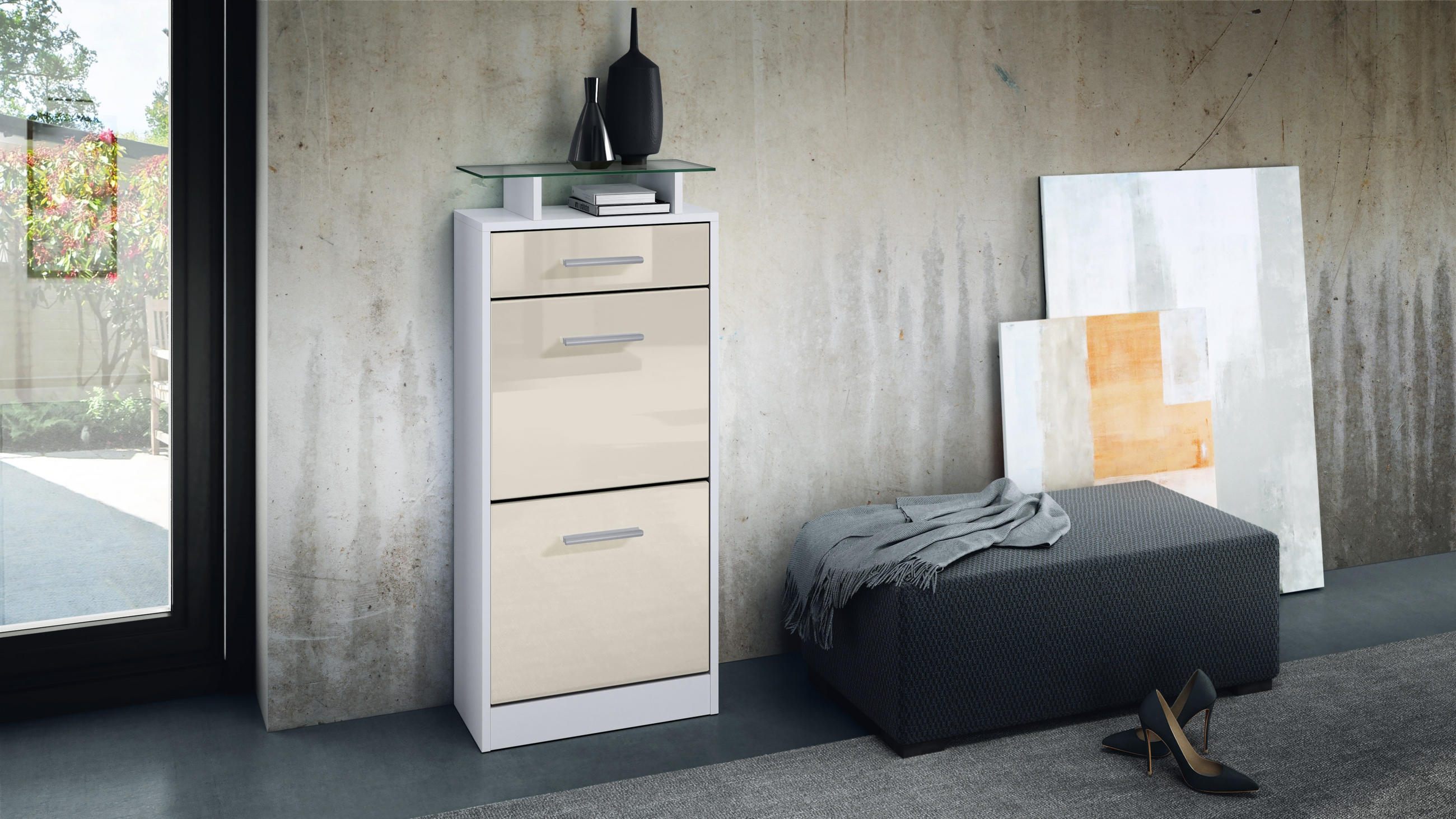 SCHUHSCHRANK Loret Front in Creme Hochglanz - Creme, Holzwerkstoff (46/104/23cm) - Vladon