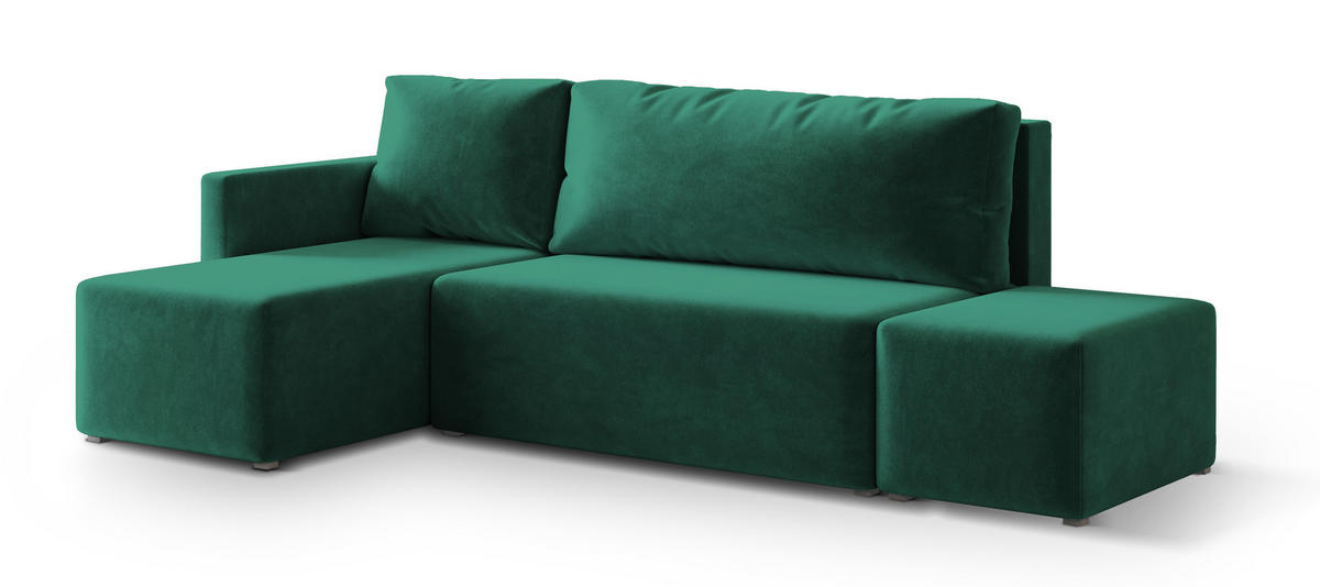 ECKSOFA VELOTTI L-S Grün Plüsch-Stoff mit Schlaffunktion - Grün, Holz (261/143cm) - MASSENO