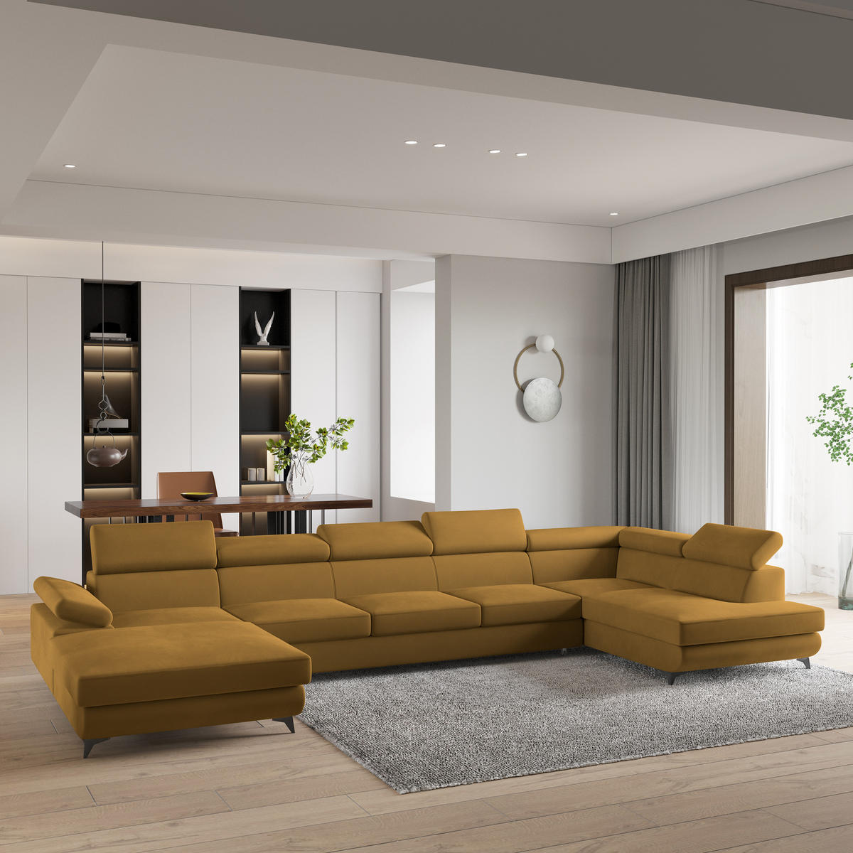 WOHNLANDSCHAFT MONTIVA Gelb Velours-Stoff mit Schlaffunktion - Gelb, Holz (410/89/190cm) - MASSENO