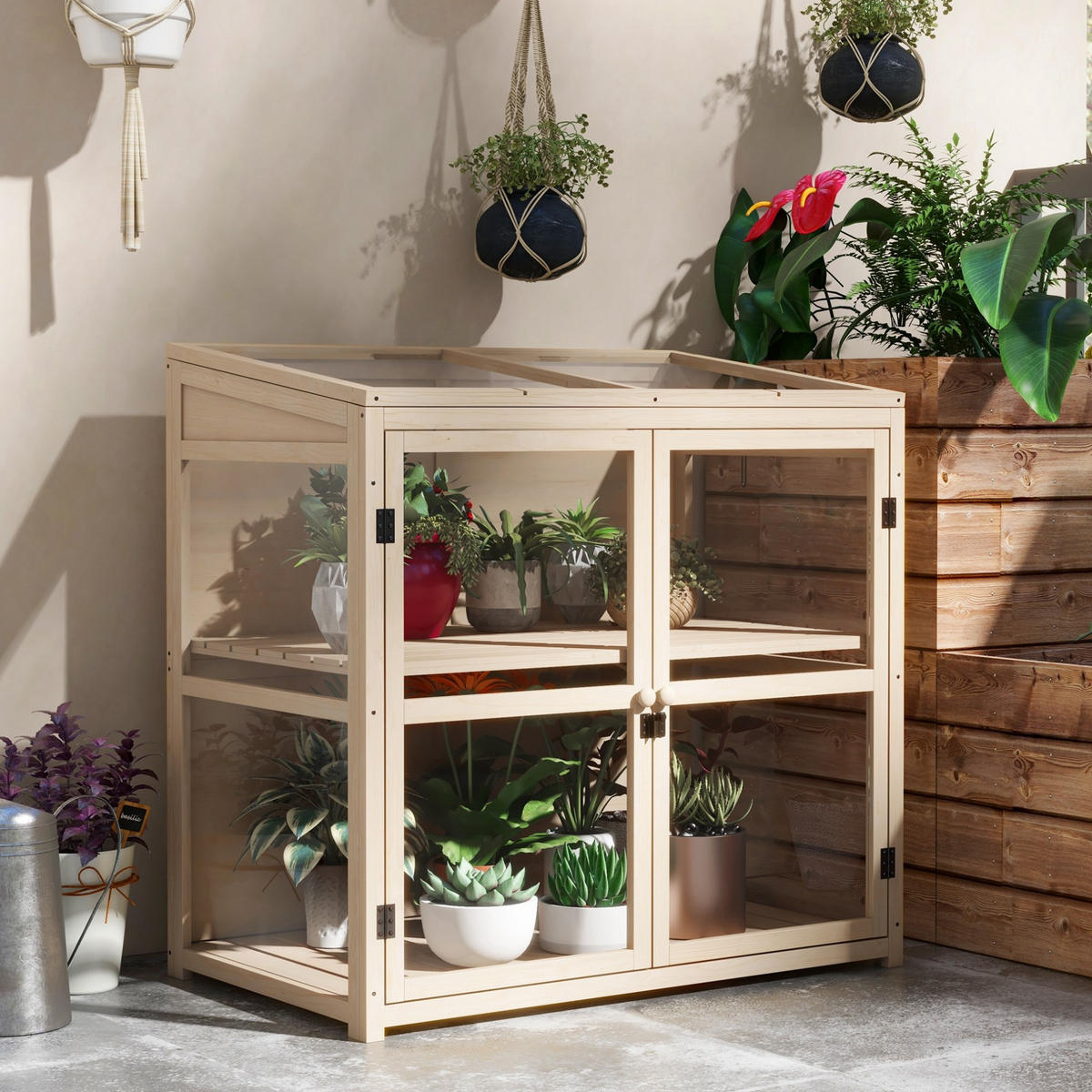 GEWÄCHSHAUS aus Holz 103x61x95/103 cm in Natur mit Doppeltür & Dachfenster - Naturfarben, Holz (61/103/103cm) - Modfu