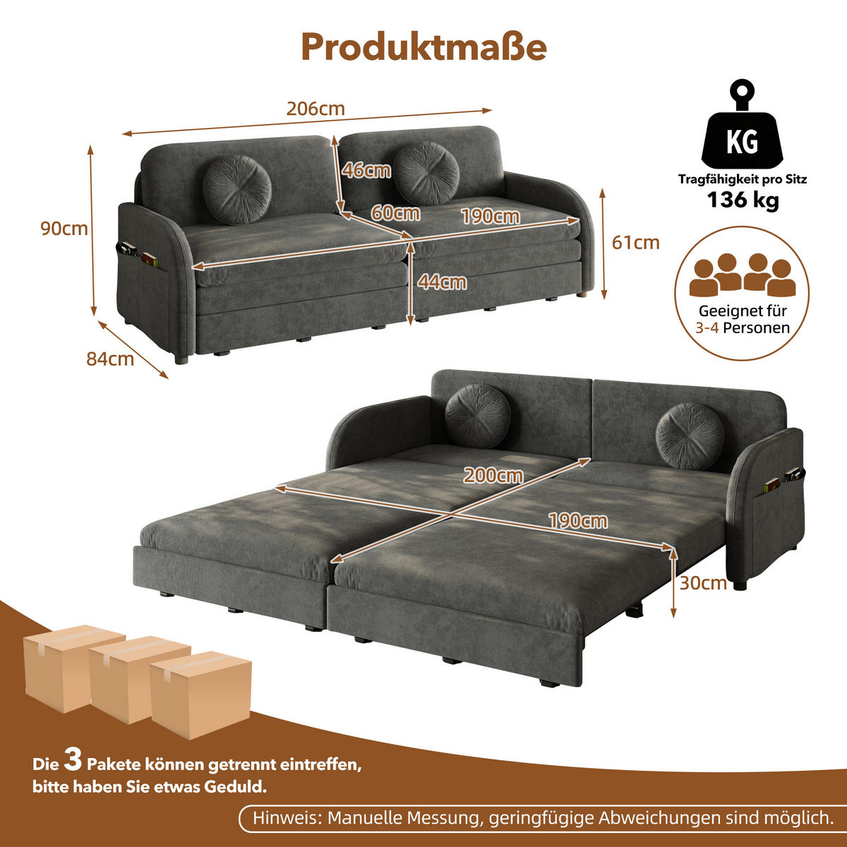 SCHLAFSOFA 3-in-1 ausziehbar 206 cm mit Stautaschen, DE-42862, Grau - Grau, Metall (205/89/84cm) - ComfortXL