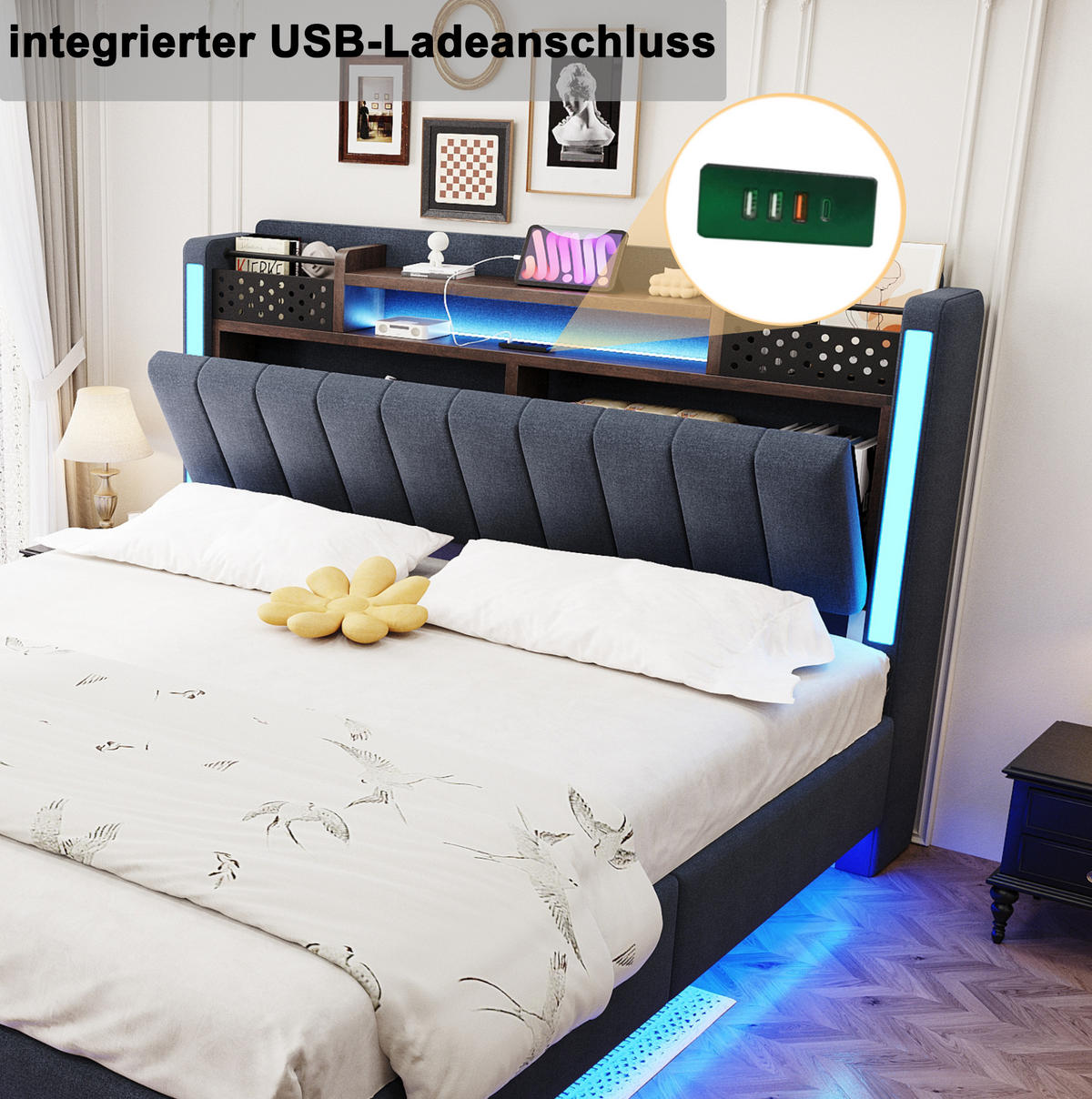 POLSTERBETT 140/200 cm Grau aus Leinenstoff mit LED-Beleuchtung und USB-Anschluss - Grau, Textil (140/200cm) - OKMYHOME