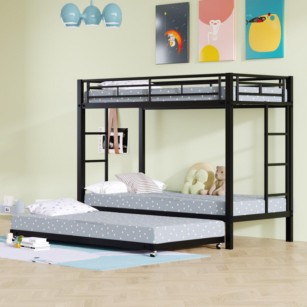 ETAGENBETT 90x200cm mit Ausziehbett in Schwarz - Schwarz, Metall (90/200cm) - KOMHTOM
