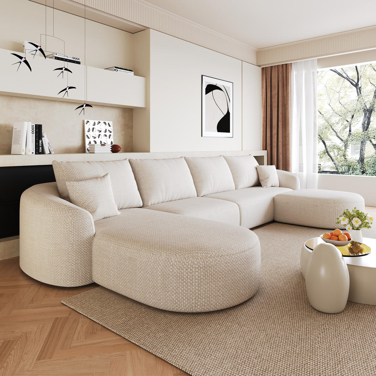WOHNLANDSCHAFT DE-34817 U-Form 3-Sitzer Chaiselongue links Weiß - Weiß, Textil (168/85/336cm) - ComfortXL