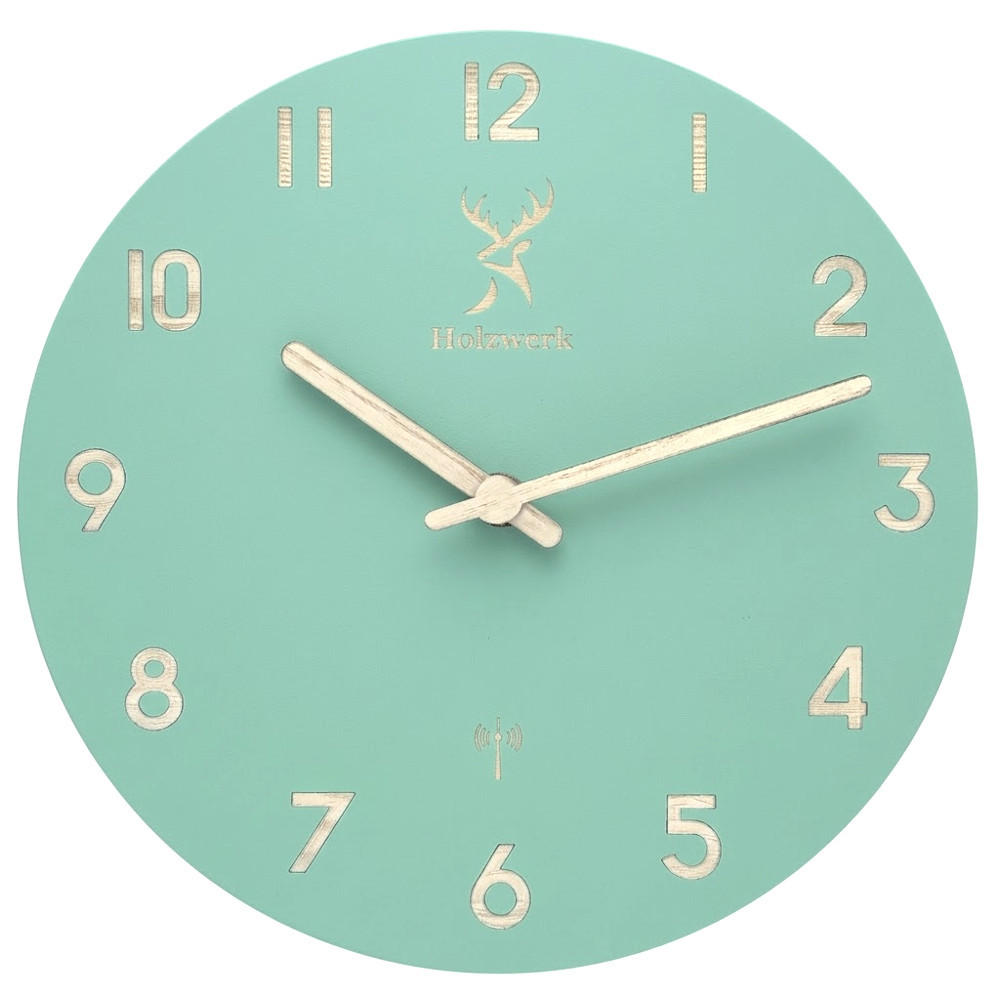 WANDUHR Holz Designer LIMBURG (FUNK) Loft Wand Uhr, mintgrün - Beige/Mintgrün, Holz (25/25/2.2cm) - Holzwerk