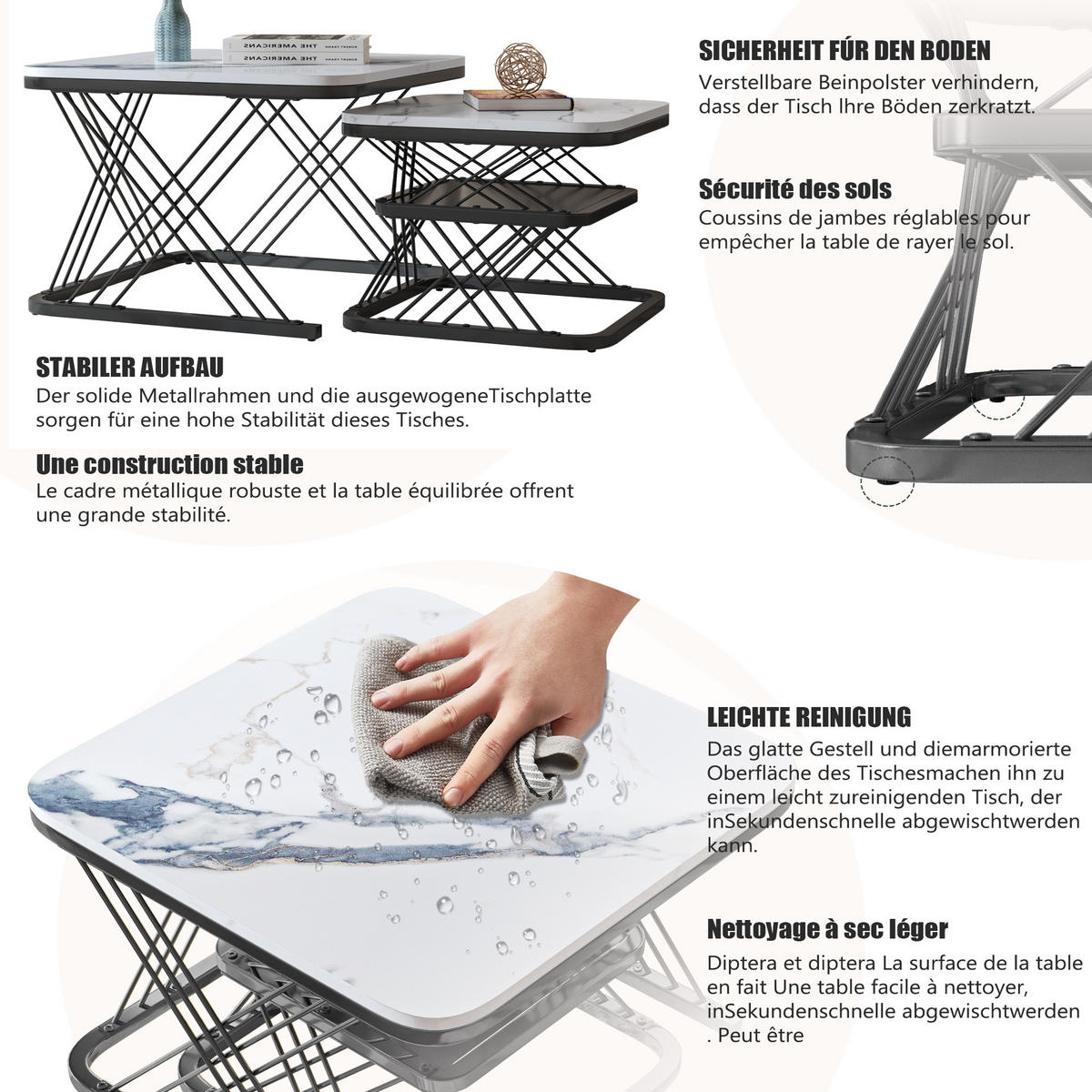 COUCHTISCH 2er Set Beistelltisch Eckig, Gold - Schwarz, Metall (60/60/45cm)