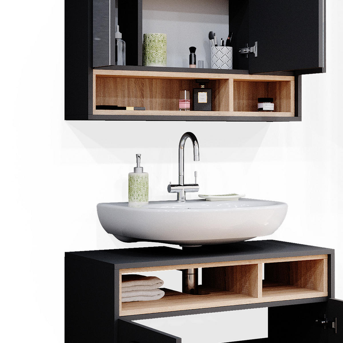 BADMÖBEL-SET Beatrice Anthrazit 2 Teile - Anthrazit/Sonoma Eiche, Holzwerkstoff (80/64/40cm) - Vicco