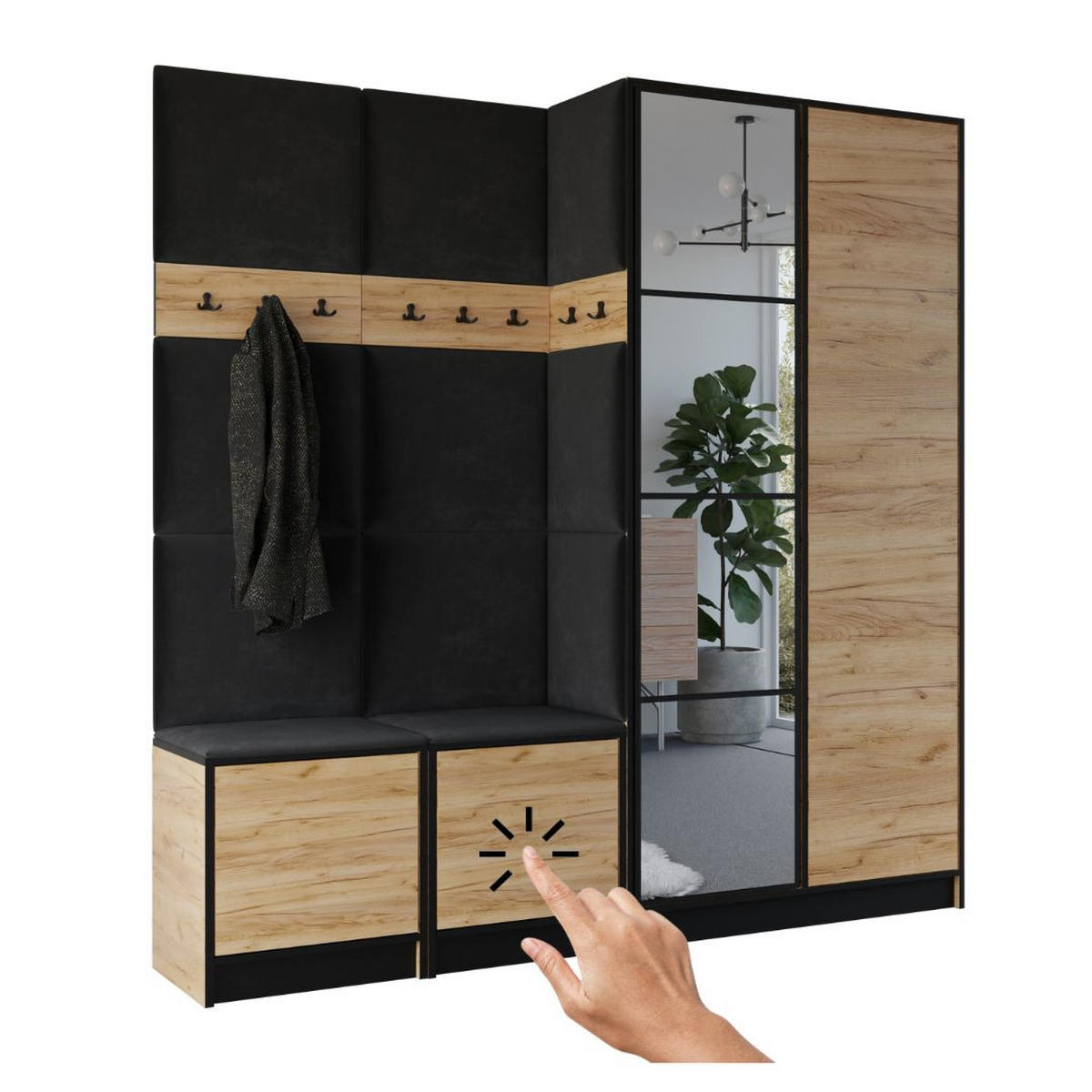GARDEROBENSCHRANK EDEN 21 mit Spiegel - Eiche Craft Gold & Stoff Schwarz - Honigeiche/Schwarz, Holzwerkstoff (211/205/39cm) - Kier Furniture