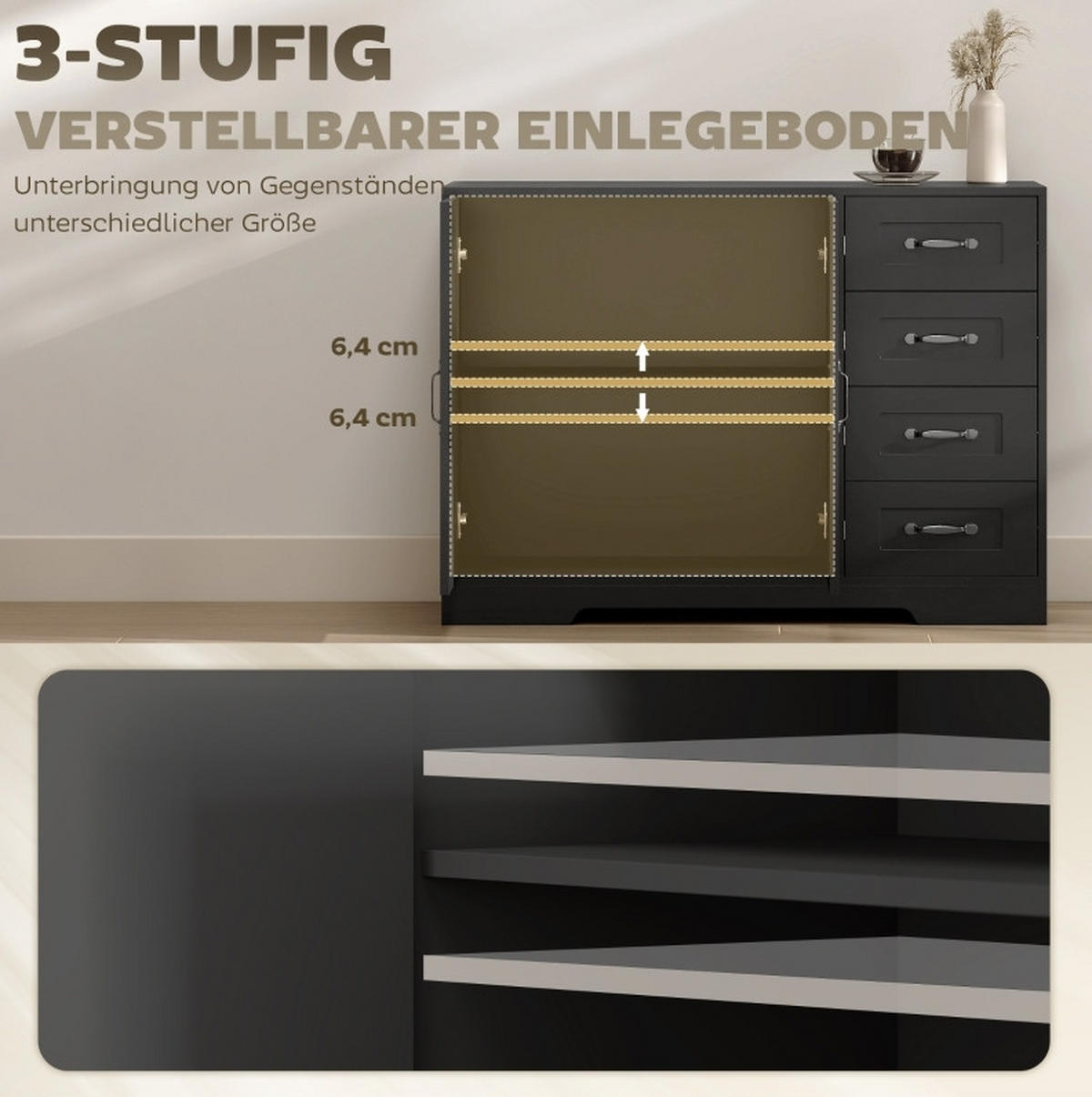 SIDEBOARD aus Holzwerkstoff 105x40x76 cm Schwarz mit 4 Schubladen, Schrank und verstellbarem Regal - Schwarz, Holz (105/76/40cm) - Modfu