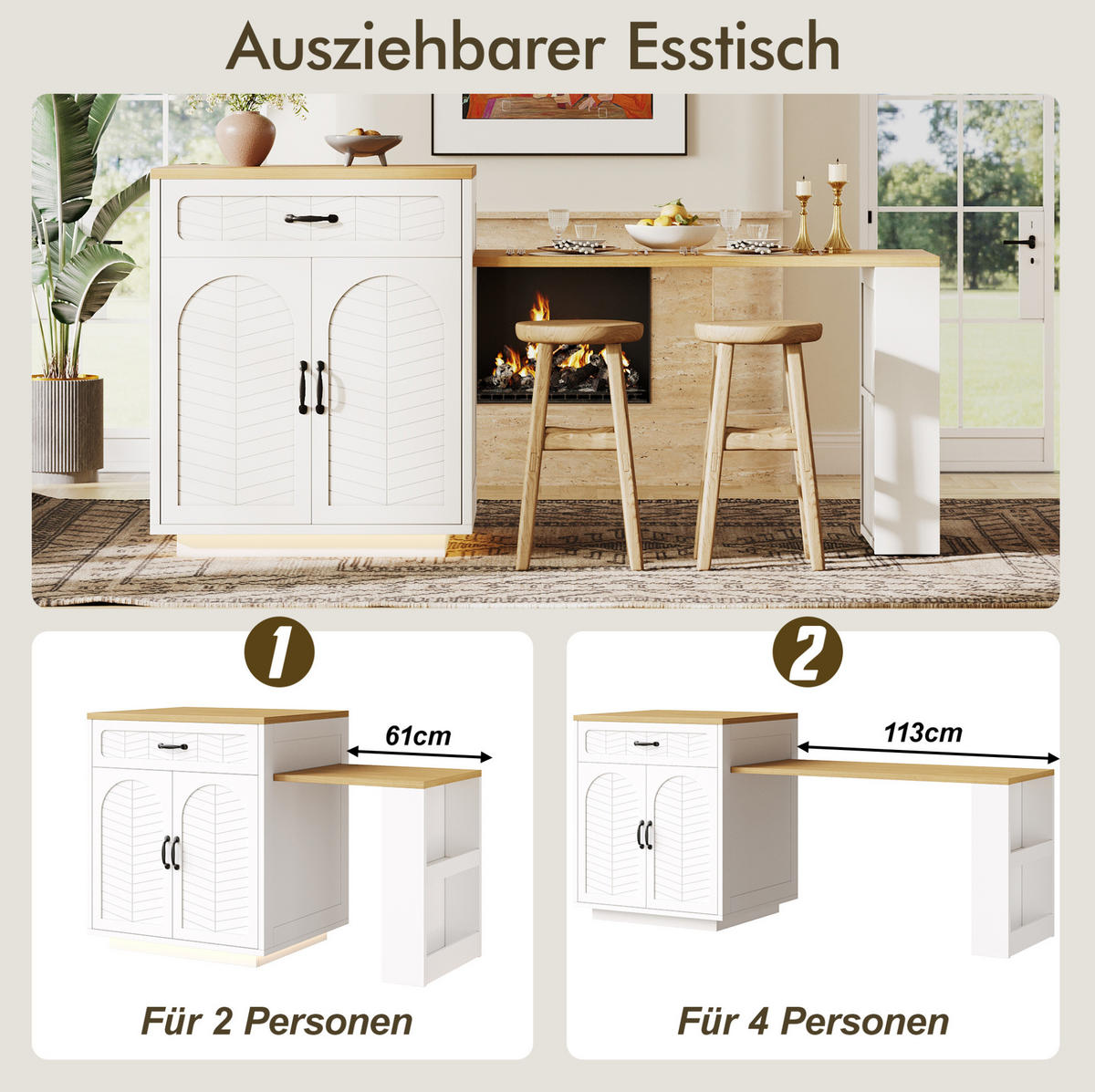 KÜCHENINSEL 80/70/95,5 cm mit ausziehbarem Tisch, 2 Schubladen und Weinregal, Weiß - Weiß, Holzwerkstoff (80/95.5/70cm) - Redom