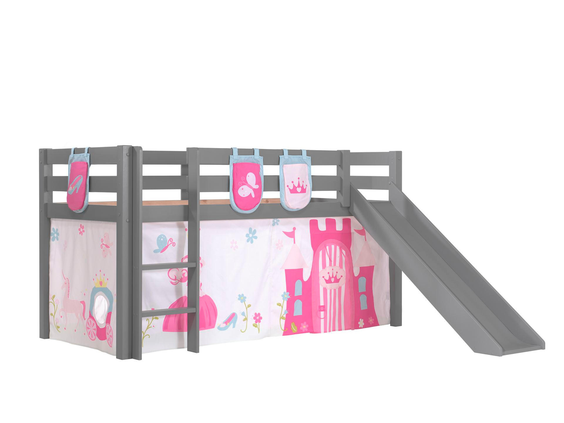 HOCHBETT mit Rutsche Karolina Massivholz Grau Textilset Princess 3 - Magenta/Grau, Holz (90/200cm) - 58aufmkessel