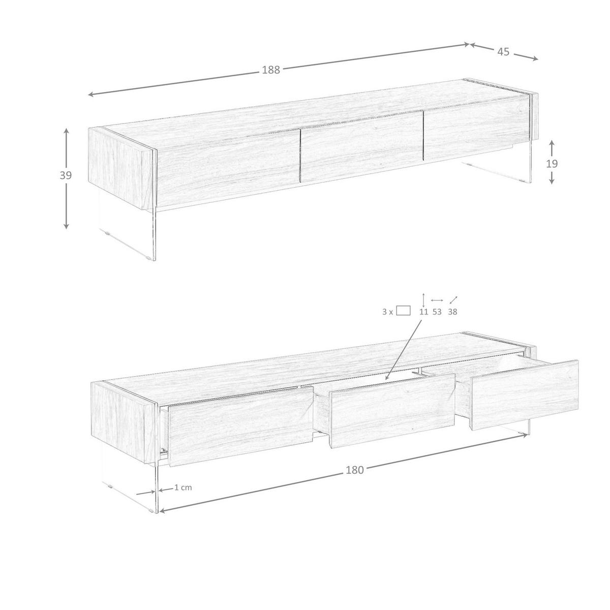 TV-SCHRANK Nussbaumfurnier mit gehärteten Glasbeinen und 3 Schubladen - Klar/Transparent, Glas/Holz (188/39/45cm) - ANGEL CERDA