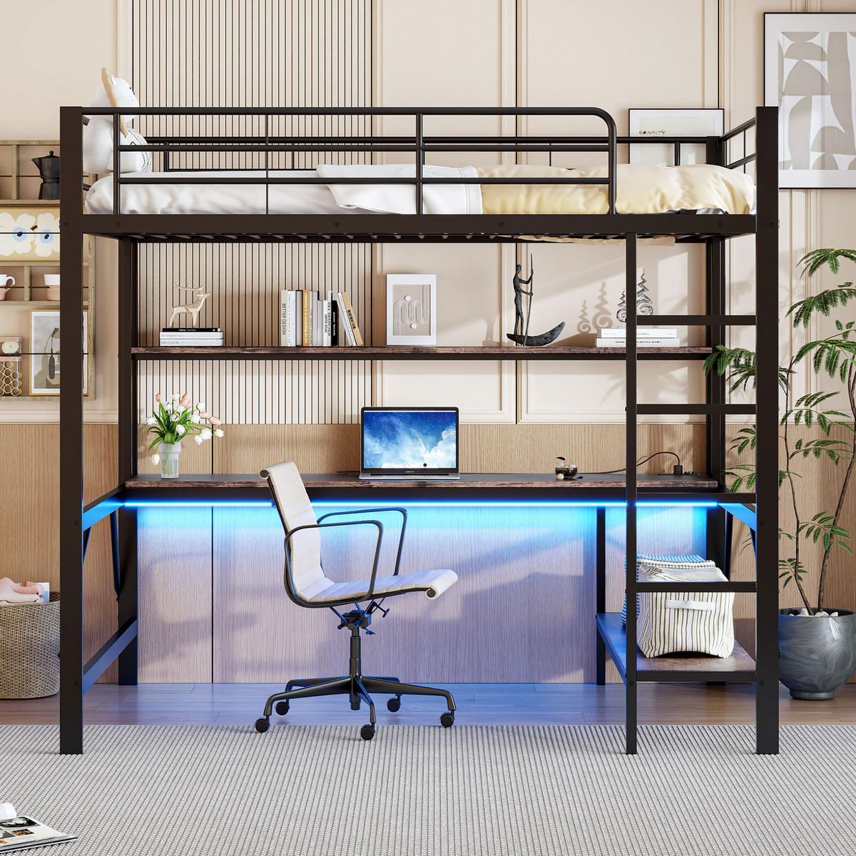 HOCHBETT aus Metall und MDF 140x200 cm Schwarz mit LED, USB, Steckdose, Schreibtisch und Regal - Schwarz, Metall (140/200cm) - Modfu