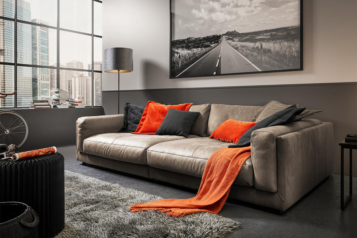 BIG SOFA RAINA Taupe Leder - Taupe/Schwarz, Leder/Kunststoff (294/85/150cm) - KAWOLA