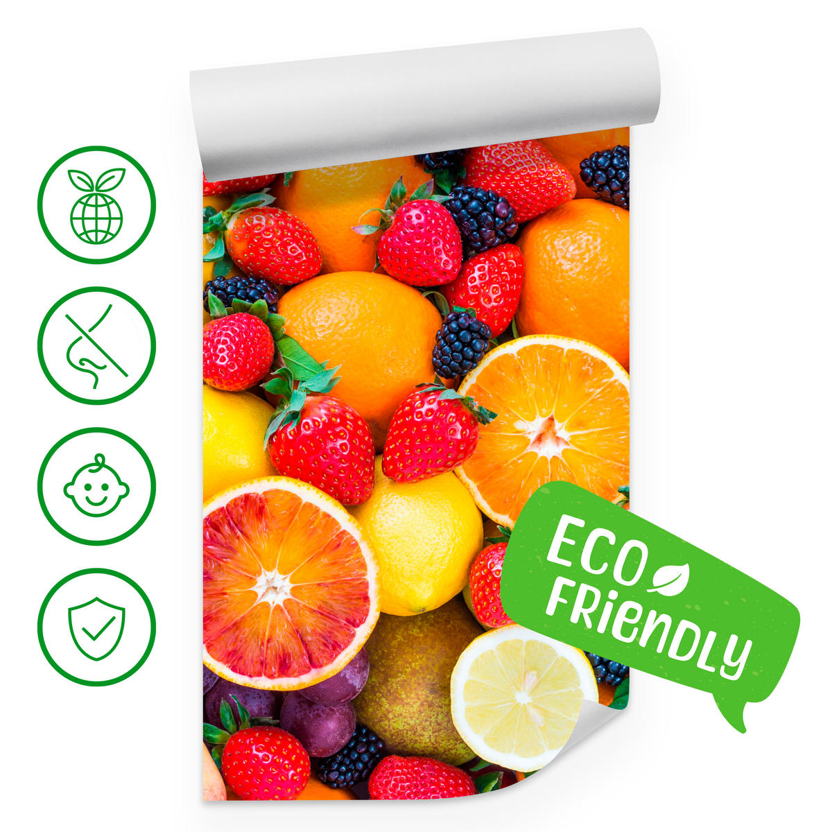 FOTOTAPETA Pre Kuchyňu Čerstvé Ovocie Jahody Pomaranče Citróny Farebná 500 x 350 cm - oranžová/žltá, papier (500/350cm) - Muralo