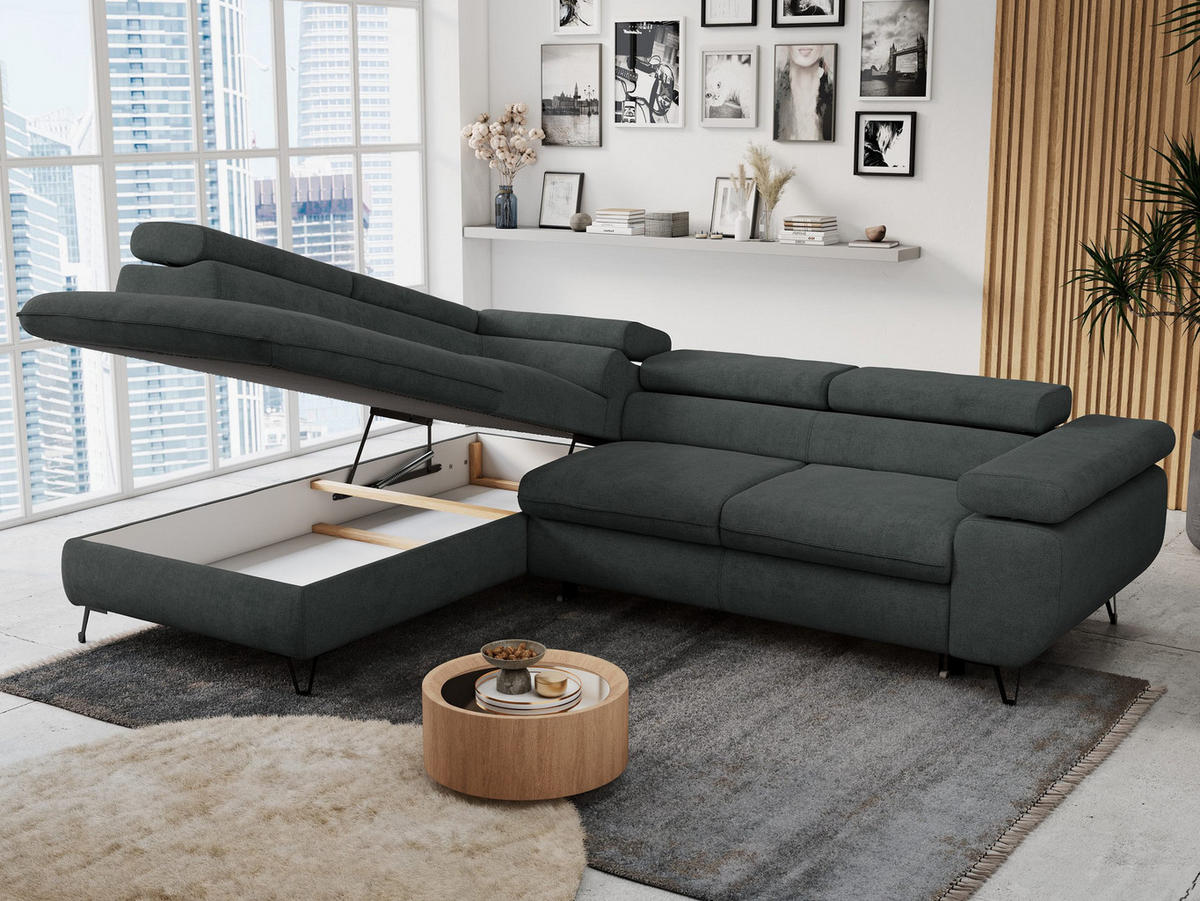 ECKSOFA PETER L Dunkelgrau Struktur - Links Seite - Dunkelgrau/Schwarz, Textil/Metall (208/273cm) - MKS