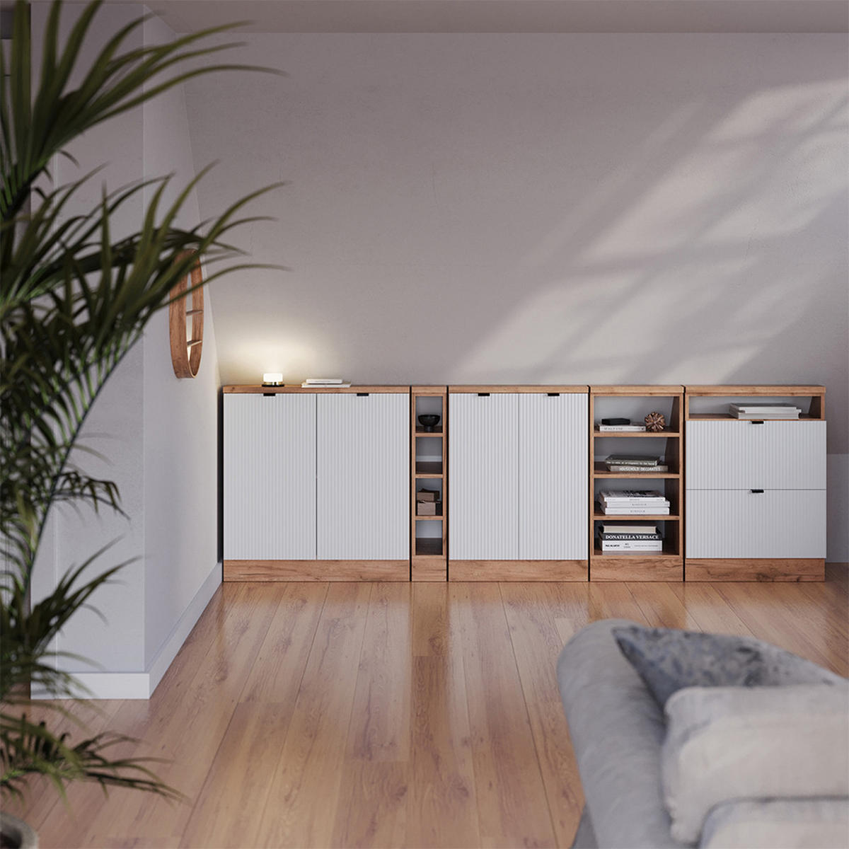 DACHSCHRÄGENSCHRANK-SET Rion Weiß Riffel 210 cm 5er Set - Weiß, Holzwerkstoff (210/81.6/46cm) - Vicco