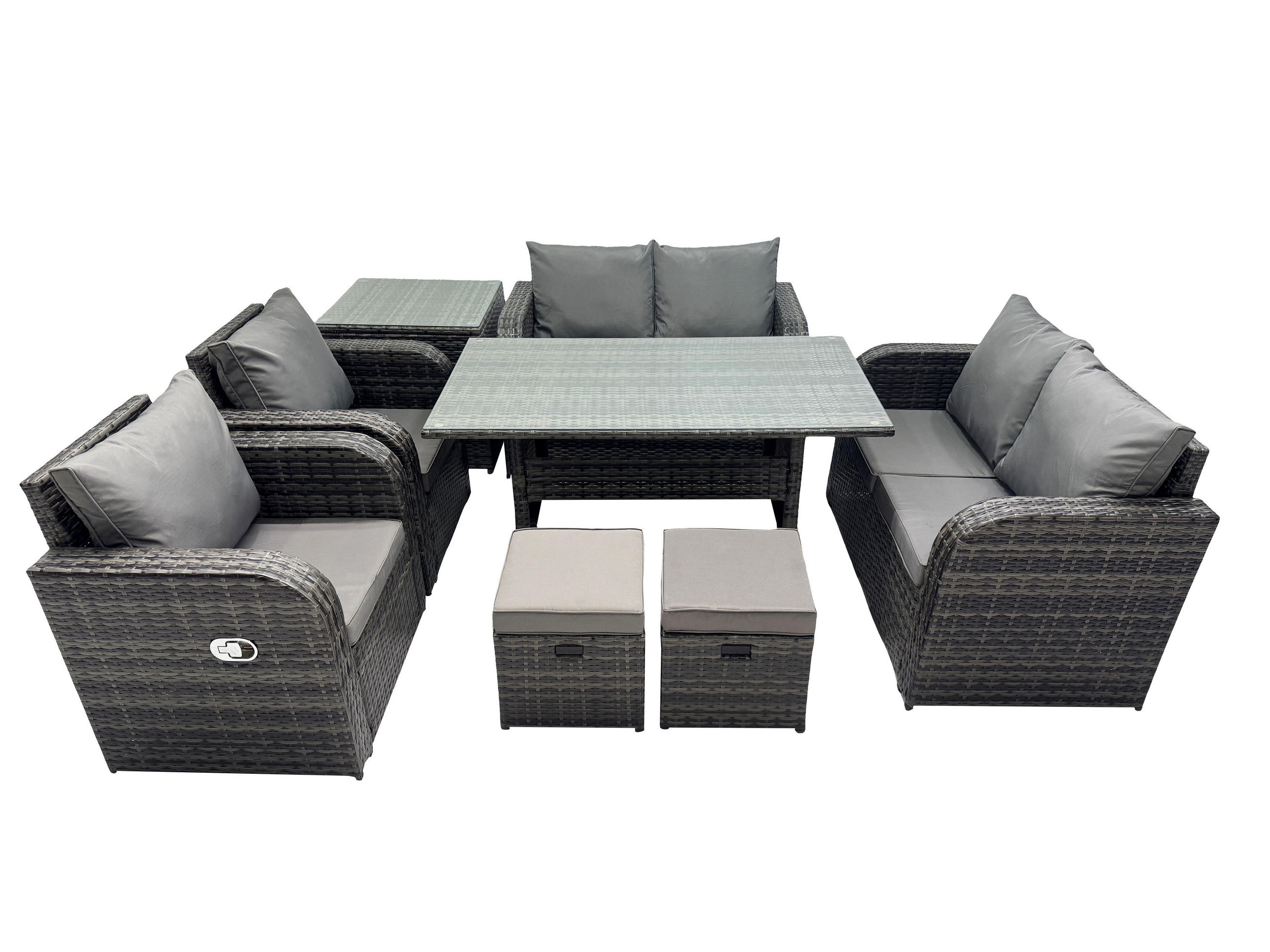 GARTENSET mit Zweisitzer,Esstisch,Beistelltisch Polyrattan 8-Sitzer - Dunkelgrau/Grau, Glas/Kunststoff - Fimous