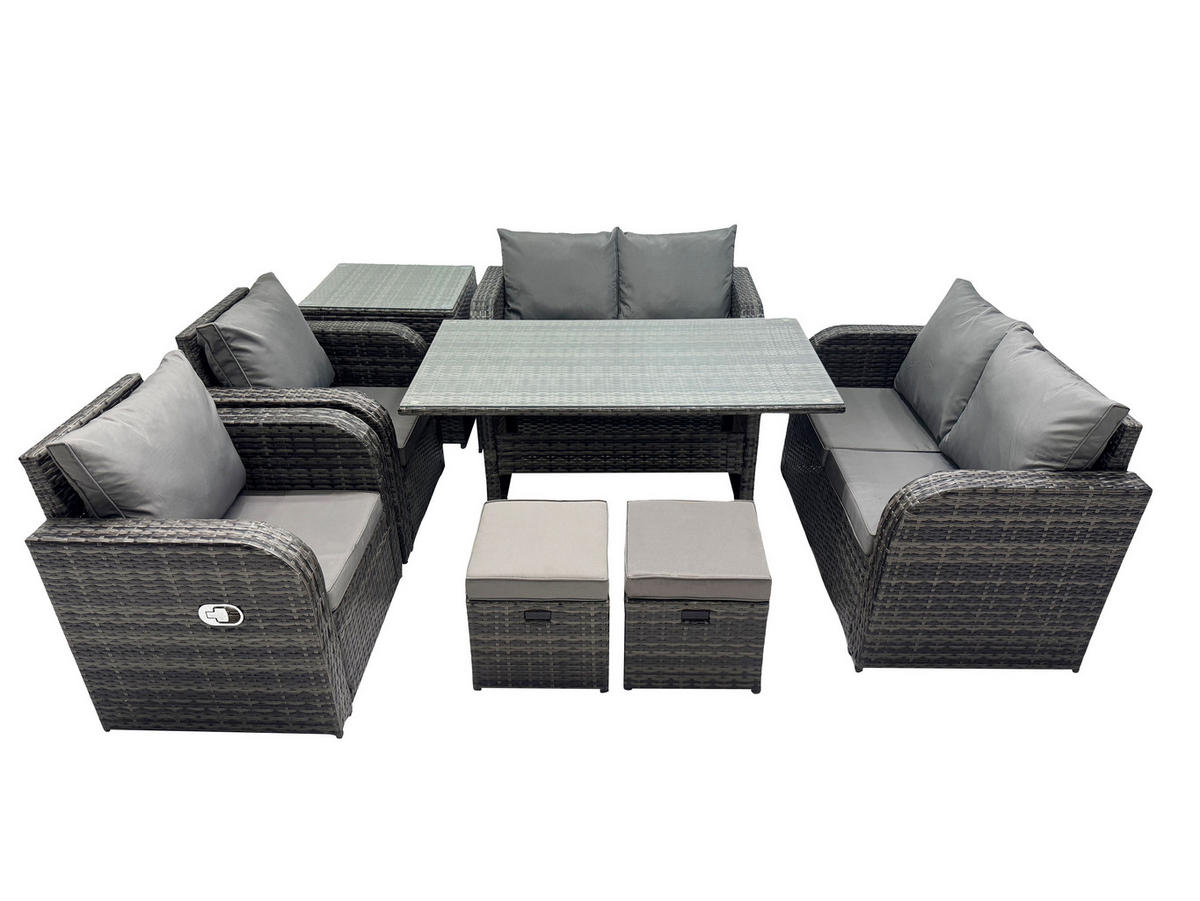 GARTENSET mit Zweisitzer,Esstisch,Beistelltisch Polyrattan 8-Sitzer - Dunkelgrau/Grau, Glas/Kunststoff - Fimous