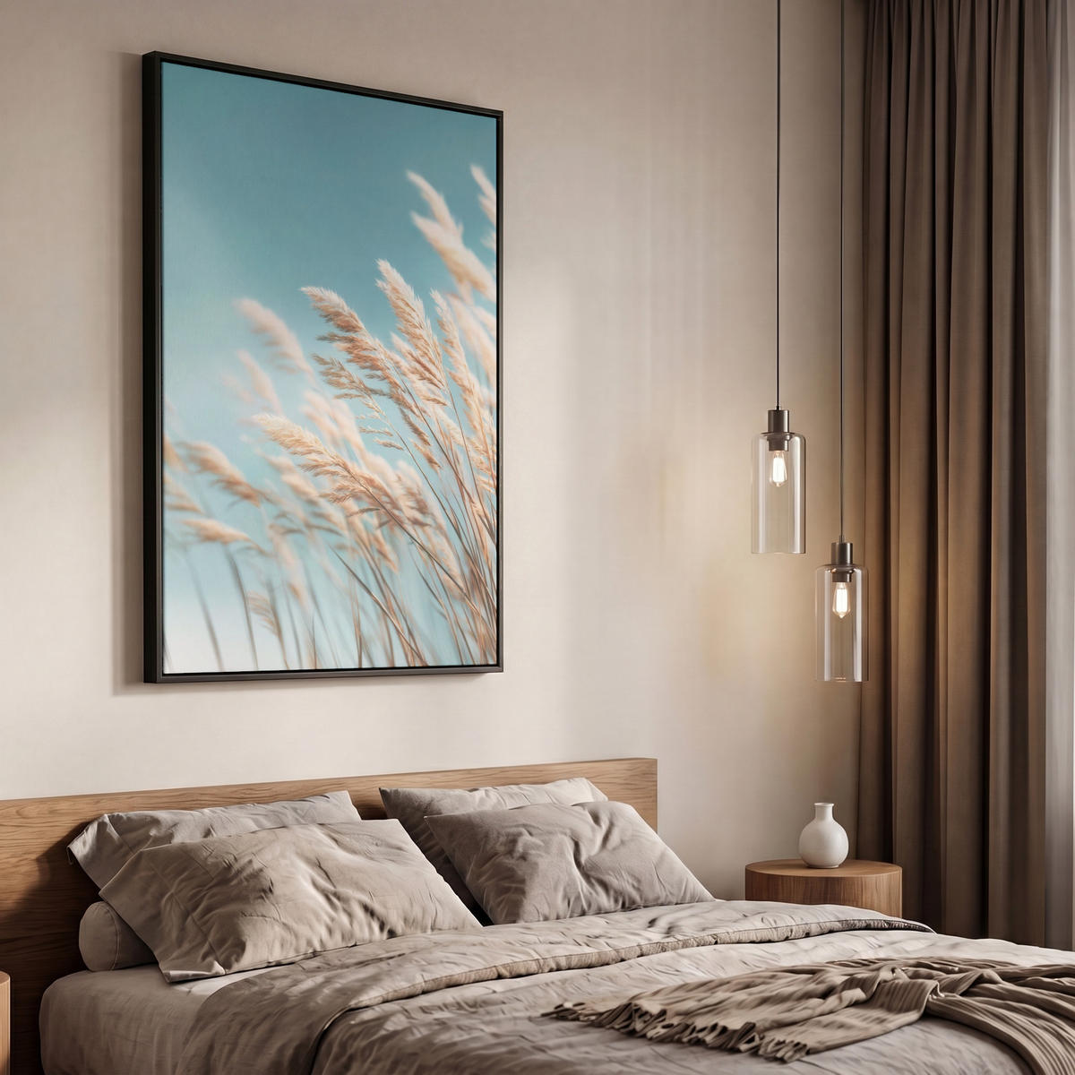 LEINWAND Bilder mit Rahmen - Ziergras - Wind - Hellbraun - 60x90 - Hellblau, Textil (60/90cm) - MuchoWow