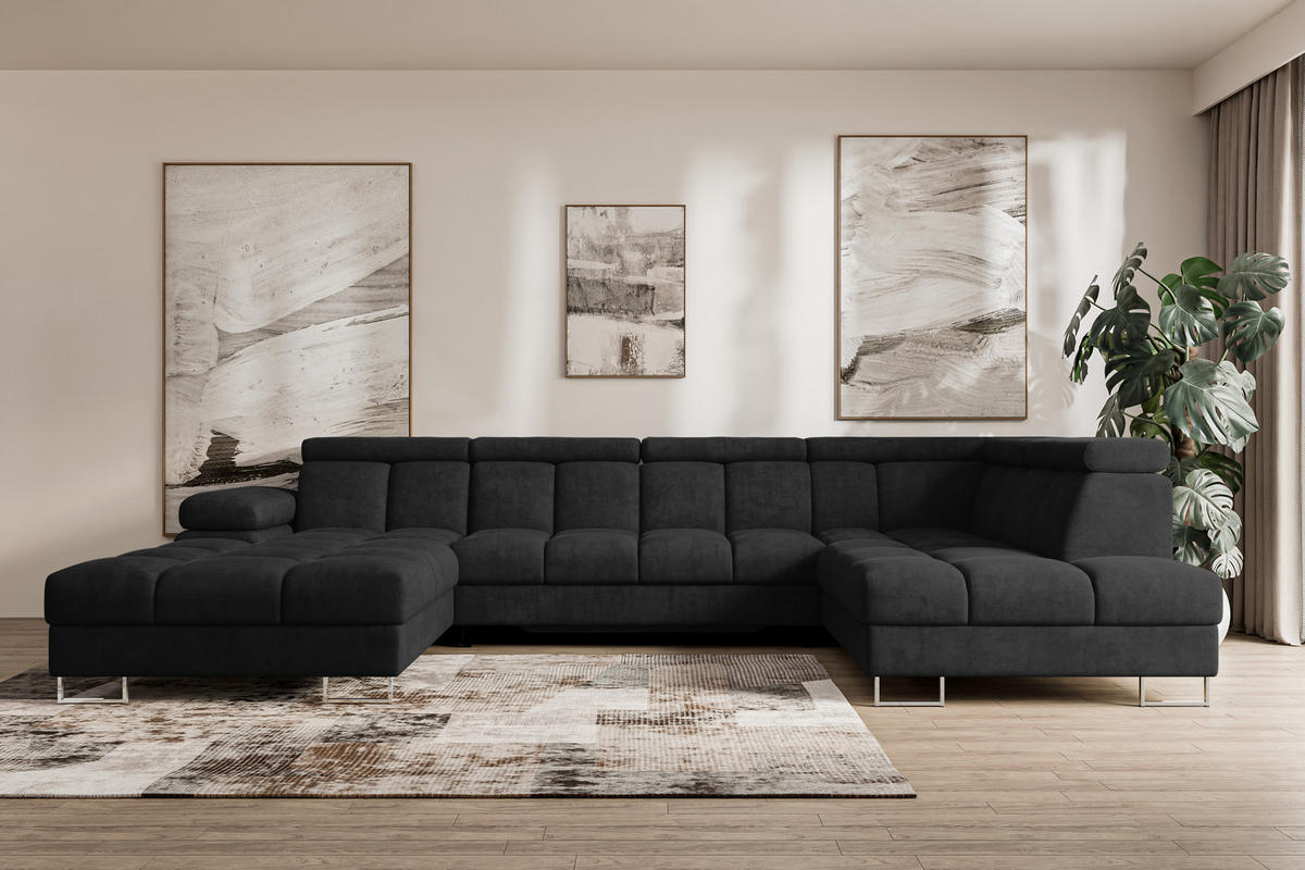 WOHNLANDSCHAFT mit Schlaffunktion und Bettkasten Ottomane RECHTS COMA U 345x203x79 Schwarz Velours - Schwarz, Holzwerkstoff/Textil (203/79/345cm) - ALTDECOR