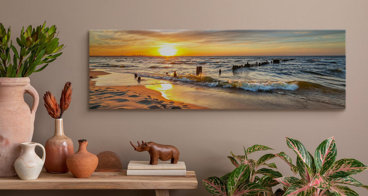 PANORAMABILD Strand Meer Sonnenuntergang 3D 145x45 - Blau/Beige, Textil (145/45cm) - Muralo