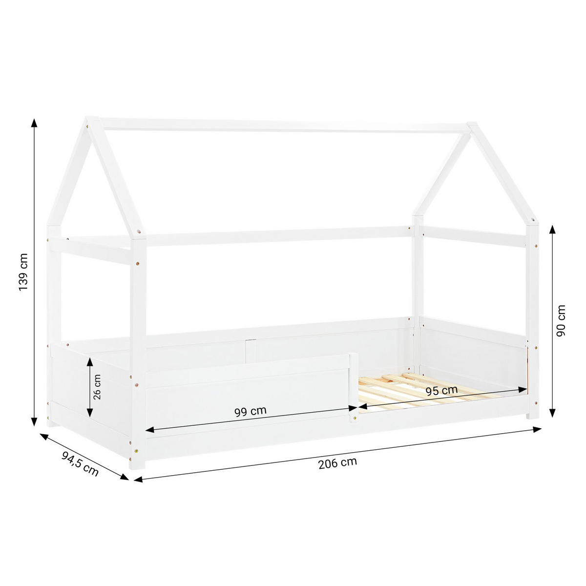 BODENBETT 90/200 cm in Weiß mit Lattenrost - Weiß, Holz (206/141/97cm) - Homestyle4u