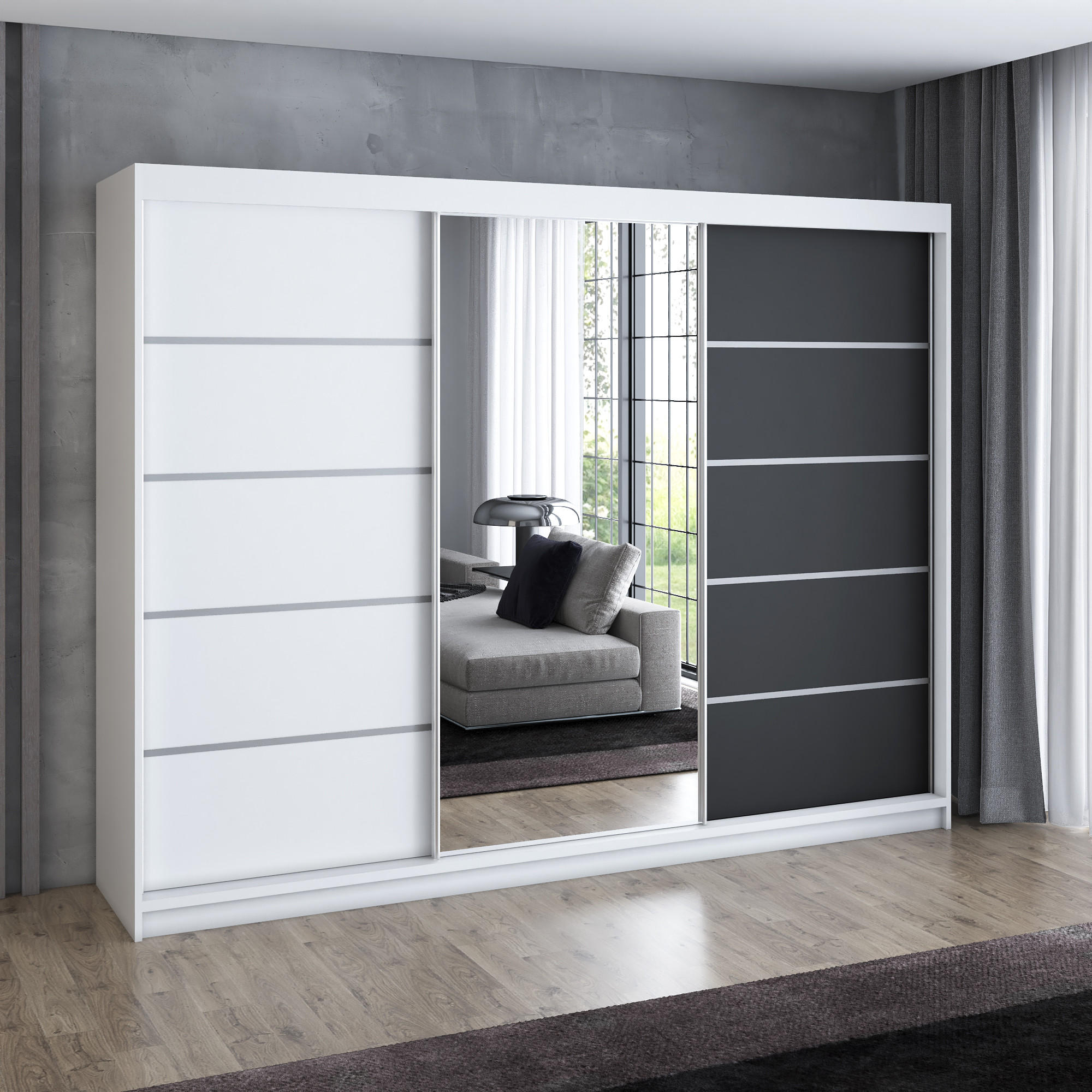 SCHWEBETÜRENSCHRANK 200 cm VILANO 1 Farbe: Weiß, Schwarz - Klar/Schwarz, Holzwerkstoff (200/215/59.5cm) - A&J MöbelLand