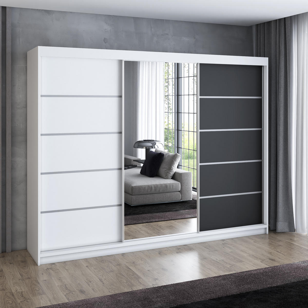 SCHWEBETÜRENSCHRANK 200 cm VILANO 1 Farbe: Weiß, Schwarz - Klar/Schwarz, Holzwerkstoff (200/215/59.5cm) - A&J MöbelLand