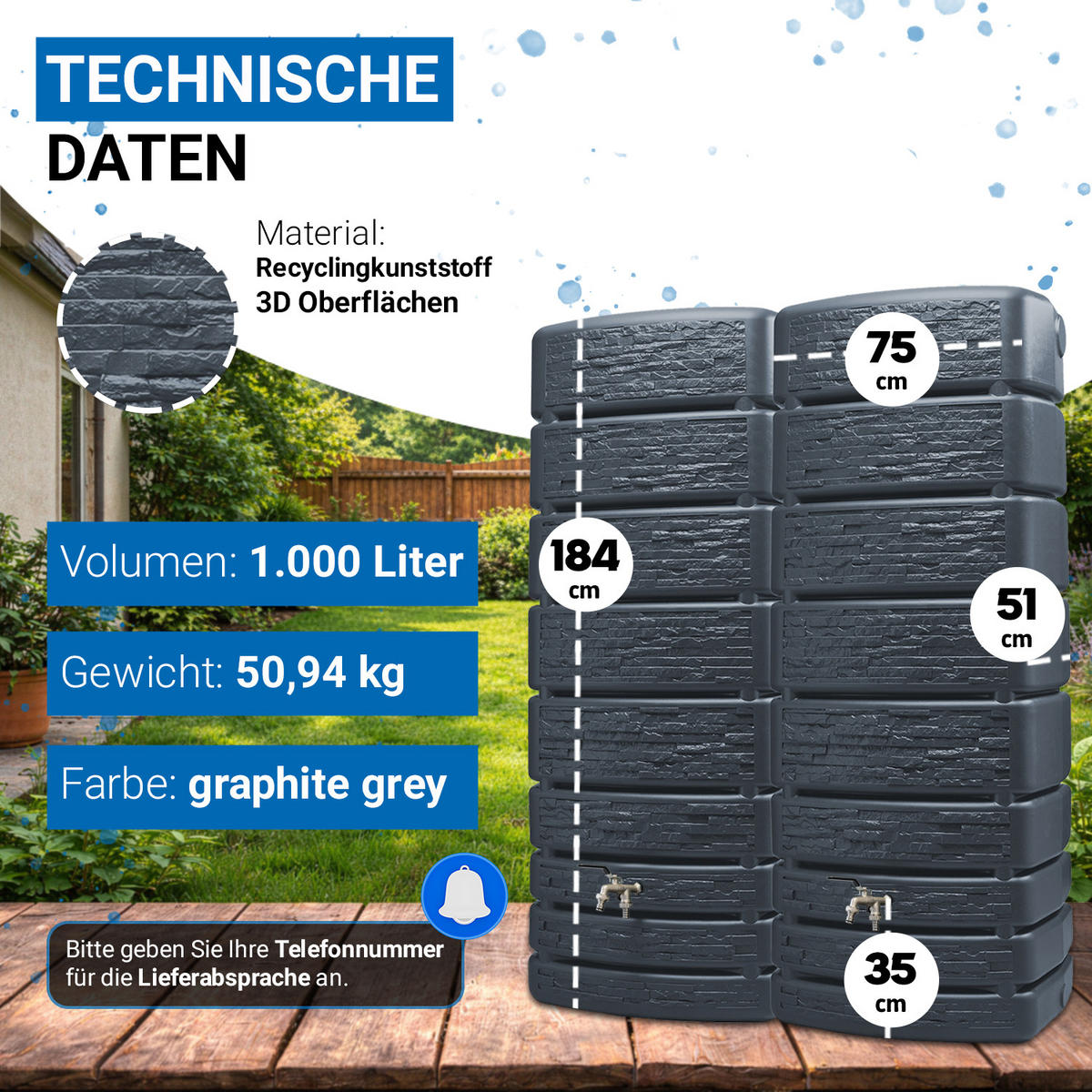 REGENTONNEN Wandtank-SET Komplett-Set 1000 L, graphite grey 2 x 500 L, inkl. Verbinder und Fallrohranschluss - Grau, Kunststoff (51/184/150cm) - 4rain