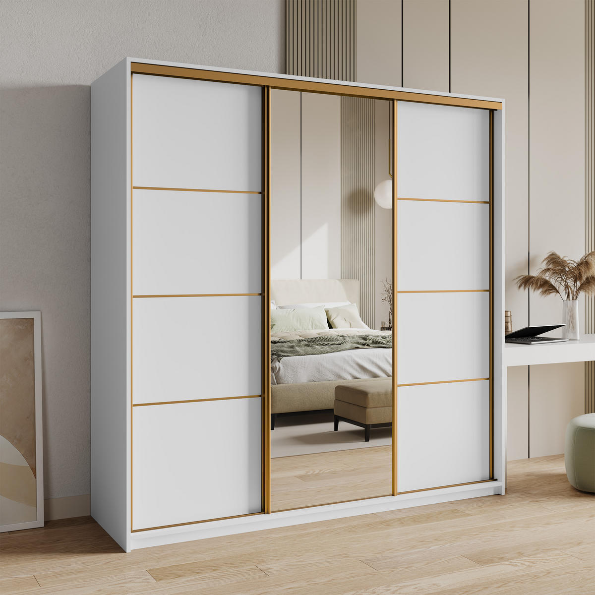 ŠATNÍ SKŘÍŇ S POSUVNÝMI DVEŘMI VARO, 180/205/60 cm 3dveřová se zrcadlem a zásuvkami, bílá - bílá/zlatá, kompozitní dřevo (180/205/60cm) - MASSENO