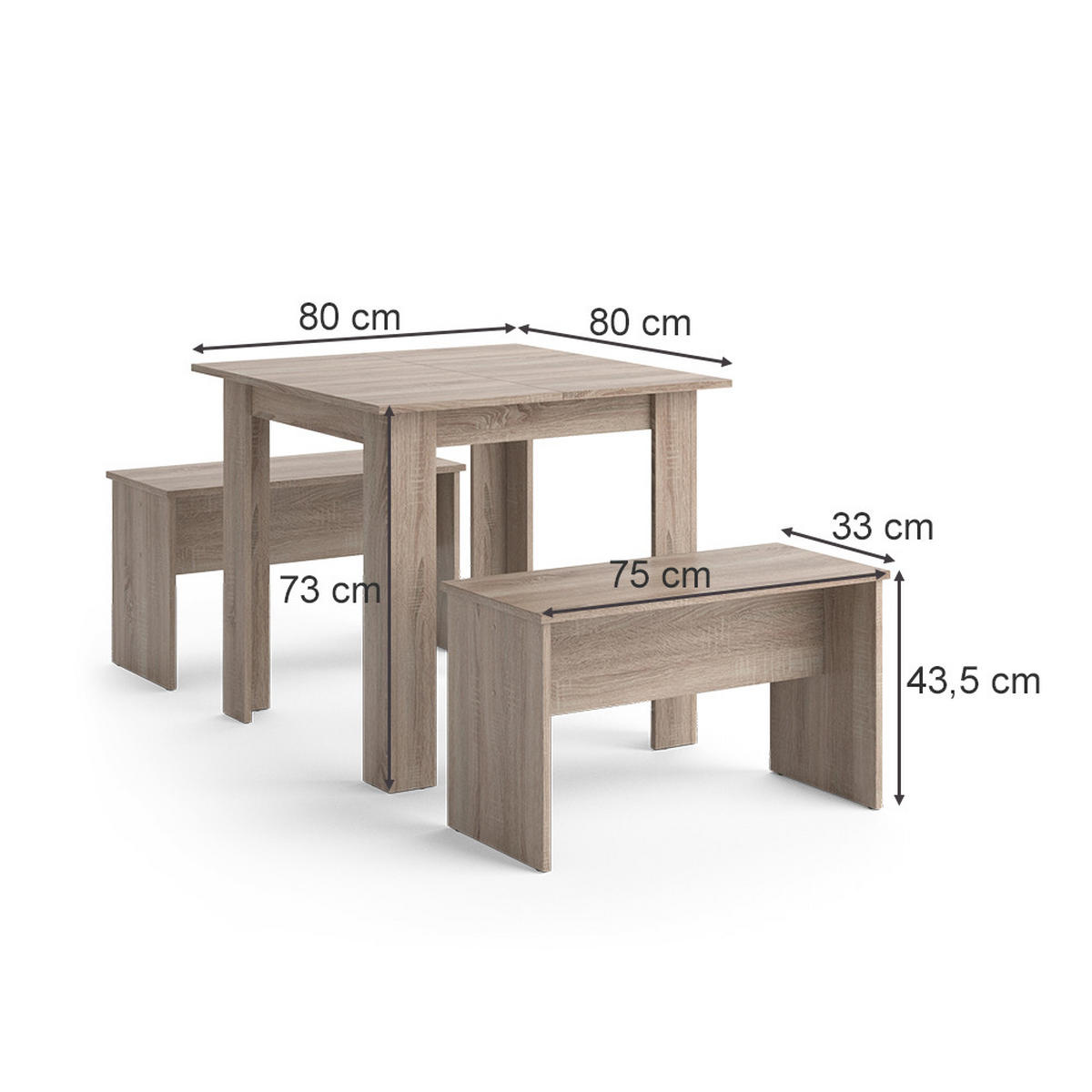 ESSTISCH SET Sentio Sonoma 80 x 80 cm mit 2 Bänken - Sonoma Eiche, Holzwerkstoff (80/73/80cm) - Vicco
