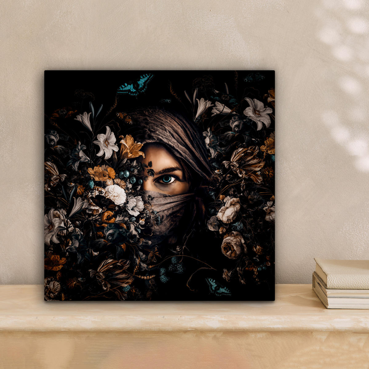 LEINWANDBILD Frau - Luxus - Blumen - Schmetterling - Porträt 20x20 cm - Schwarz, Textil (20/20cm) - MuchoWow