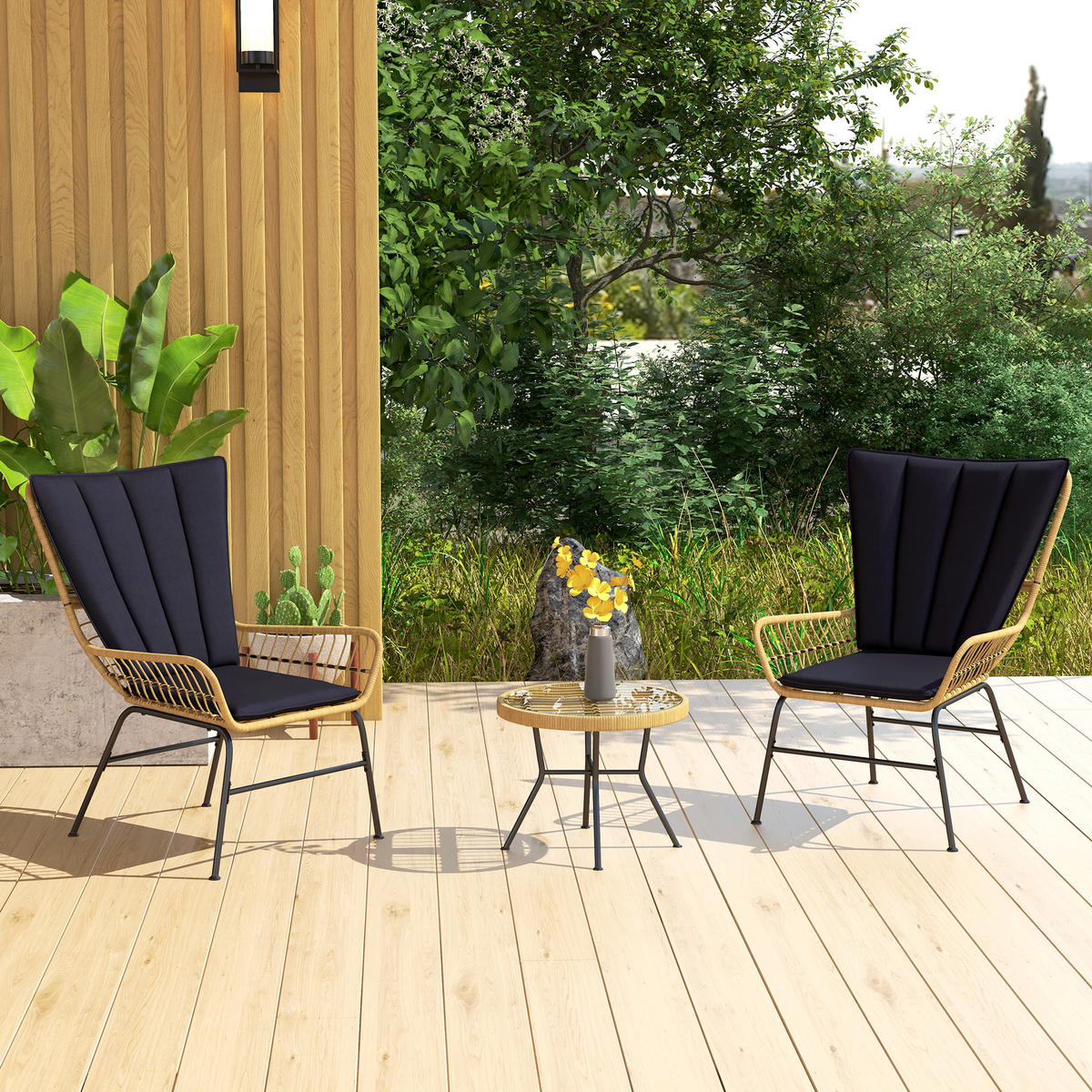 GARTENMÖBEL-SET mit 2 Stühlen, für Balkon, Terrasse, Natur+Schwarz - Schwarz, Kunststoff - Outsunny