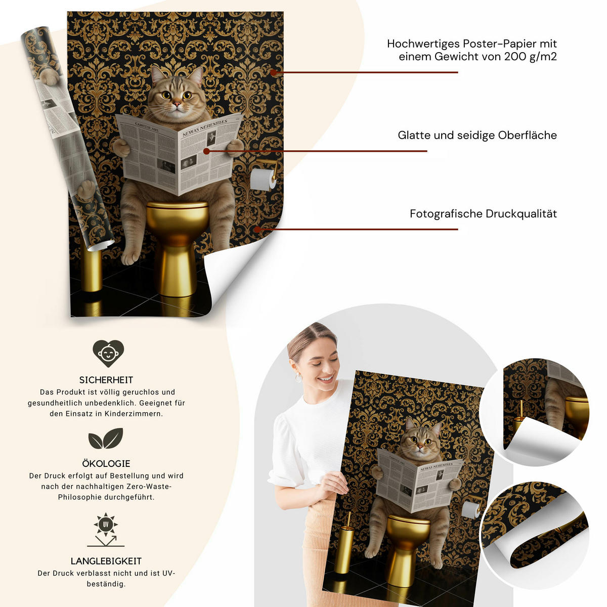POSTER für Badezimmer WC KATZE auf Toilette mit Zeitung Glamour Abstraktion 20x30cm - Gelb/Beige, Papier (20/30/30cm) - Muralo