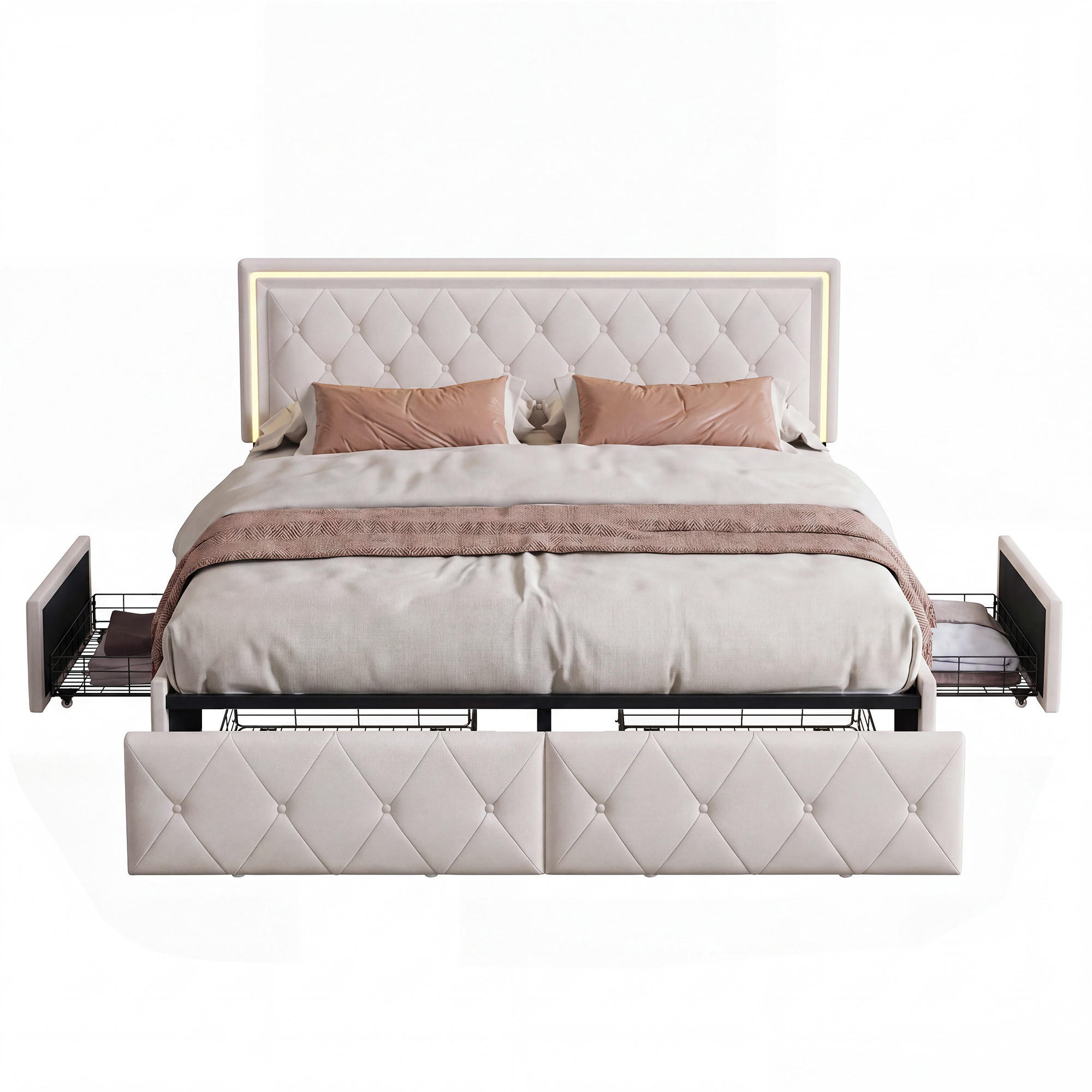 POLSTERBETT 140x200 mit RGB-LED, doppelbett mit 4 Schublade, Stauraum und Lattenrost, jugendbett 140x200 cm, PU, Ecru - Ecru, Leder/Holz (140/200cm) - GENKI LIVING